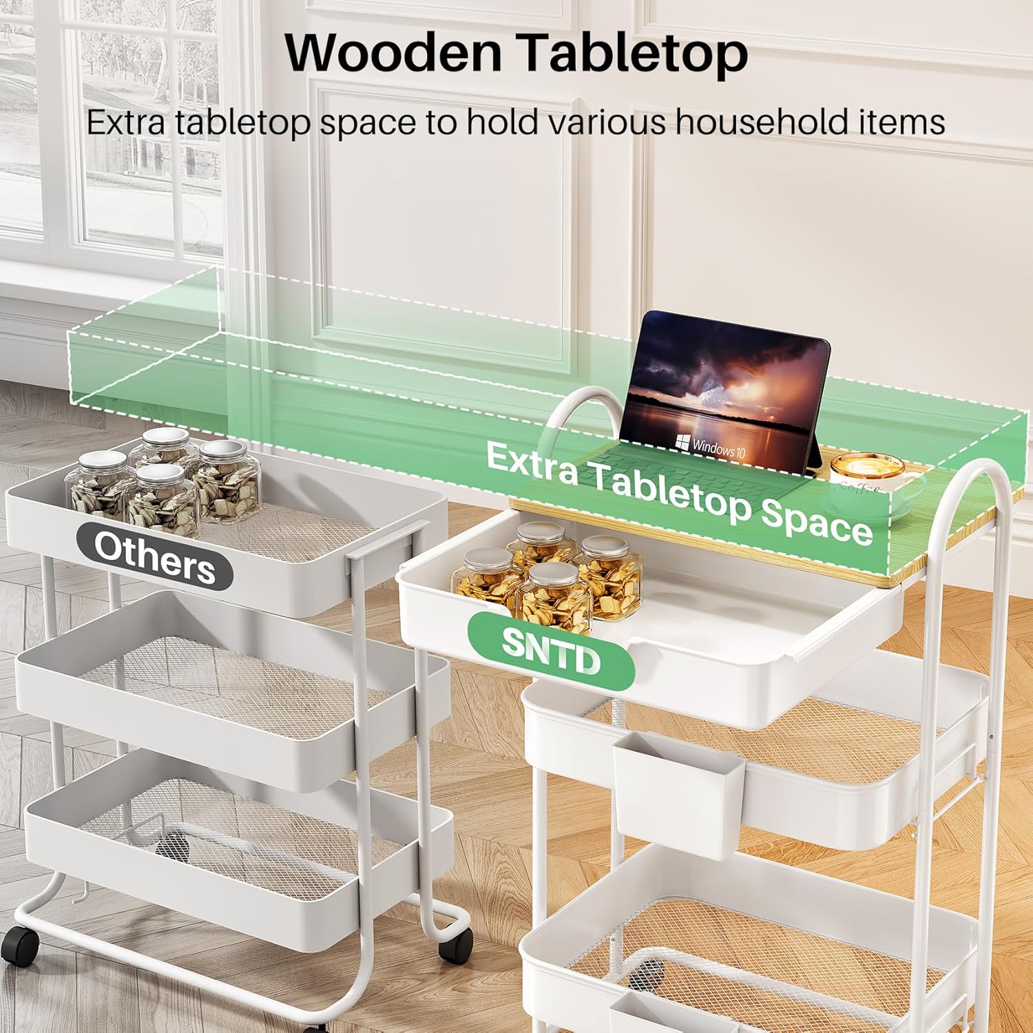 SNTD 3 Tier Utility Rolling Cart with Wheels - Smooth Sliding Drawers, Wooden Tabletop, Hanging Buckets for Kitchen, Art Room, Office, Bathroom (White)