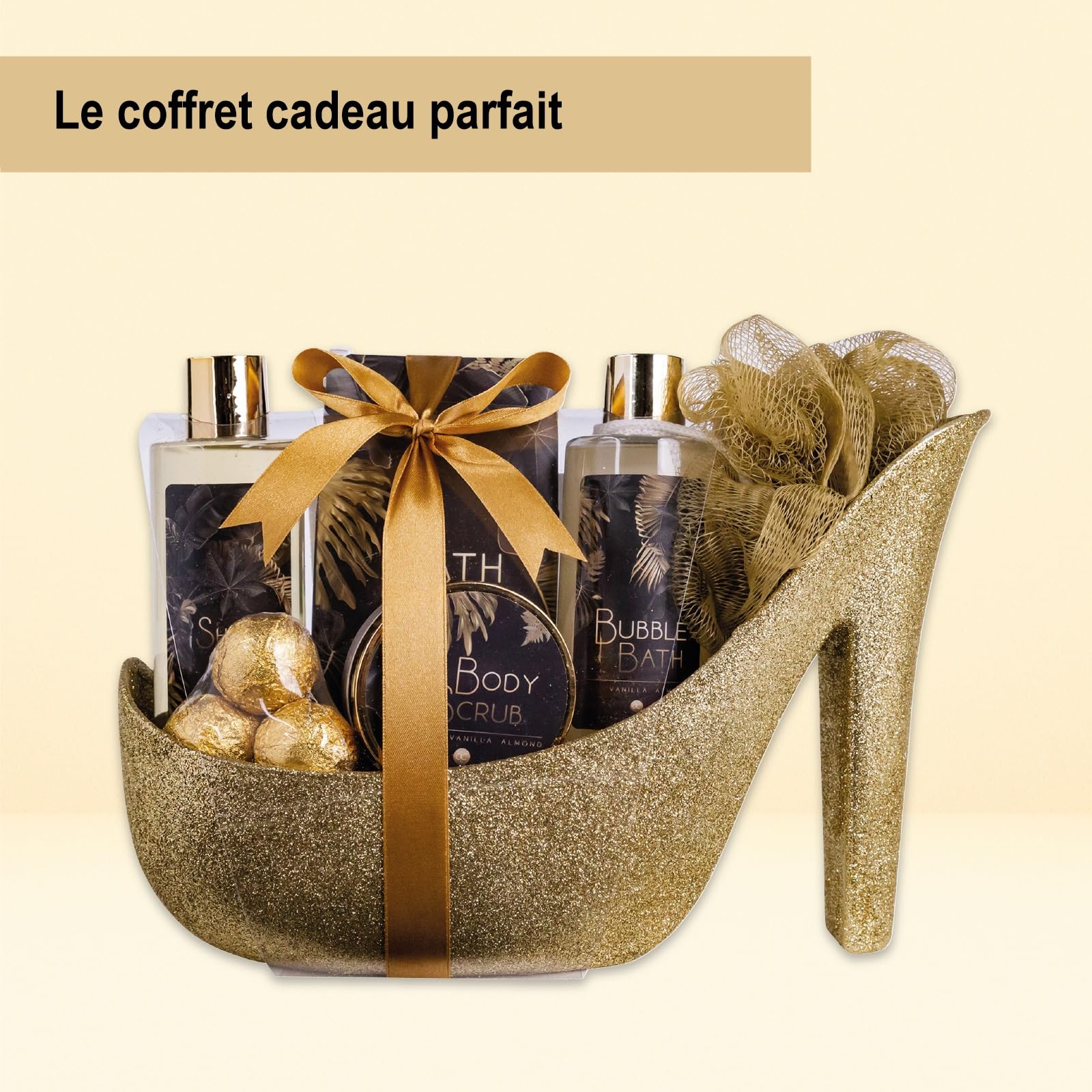 Ensemble cadeau de bain de luxe accentra dans de belles pompes à paillettes dorées, ensemble de beauté de luxe de 9 pièces ensemble de douche - pour une expérience de SPA détendue