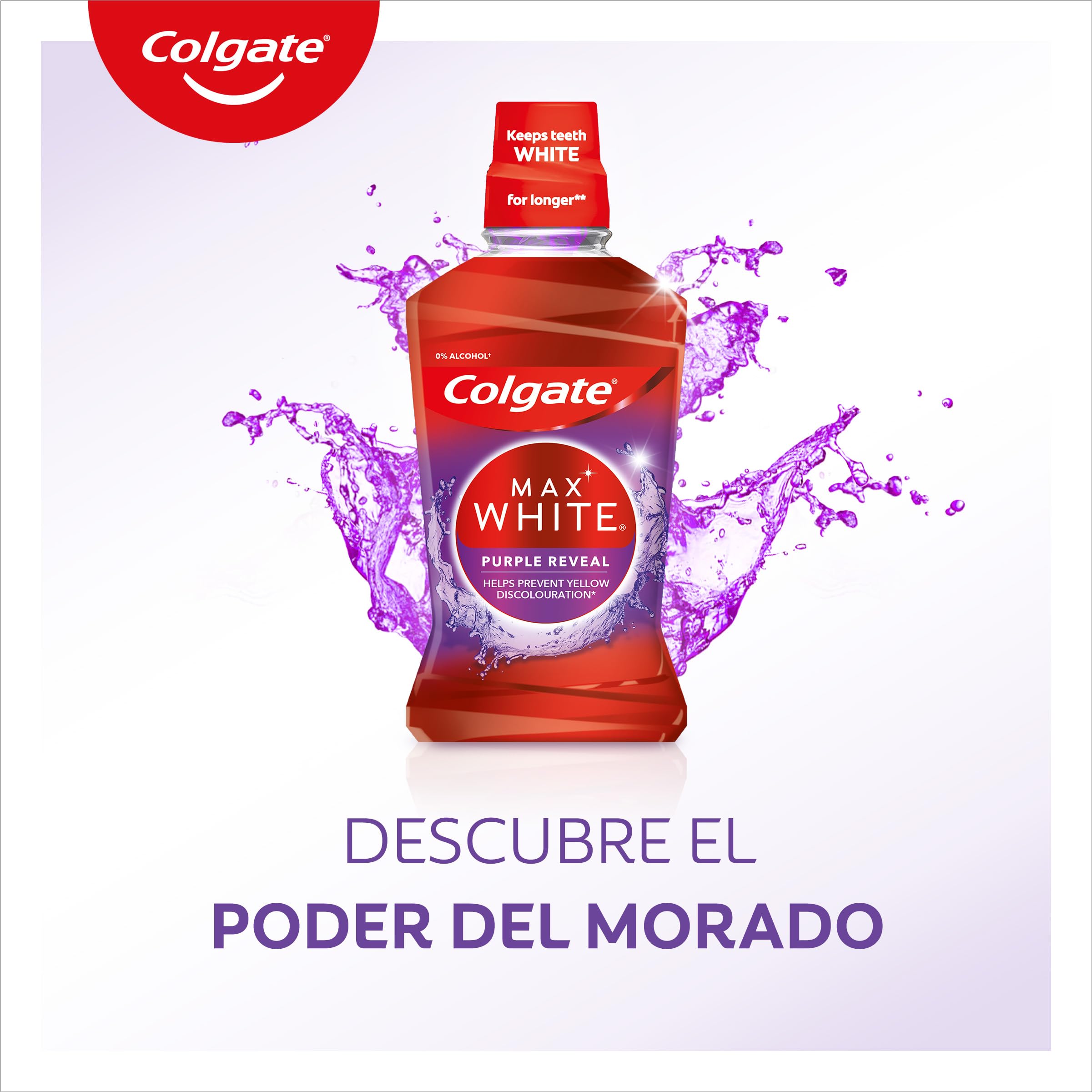 Colgate Max White Purple Reveal Enjuague bucal 4x 500ml |Blanqueador de dientes |Mantiene los dientes blancos por más tiempo |Prevención duradera de manchas| Ayuda a prevenir la decoloración amarilla