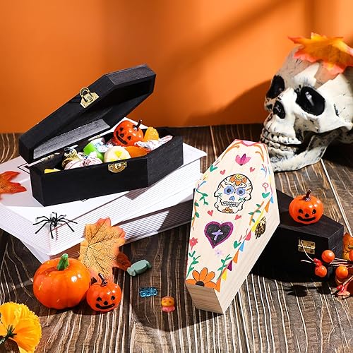 Miniatura 4 de 6 cajas de ataúd de Halloween sin terminar, cajas de madera en forma de ataúd con tapas con bisagras para manualidades, cajas de ataúd de madera