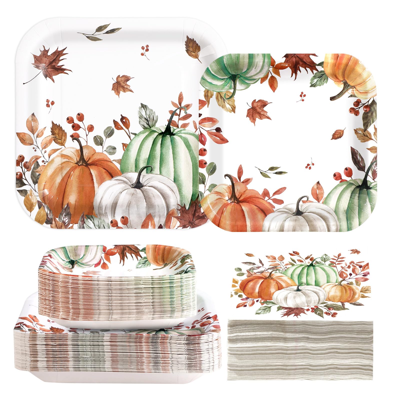 200 Pcs Fall Party Decorations Watercolor Pumpkin Tableware Set, Serves 50