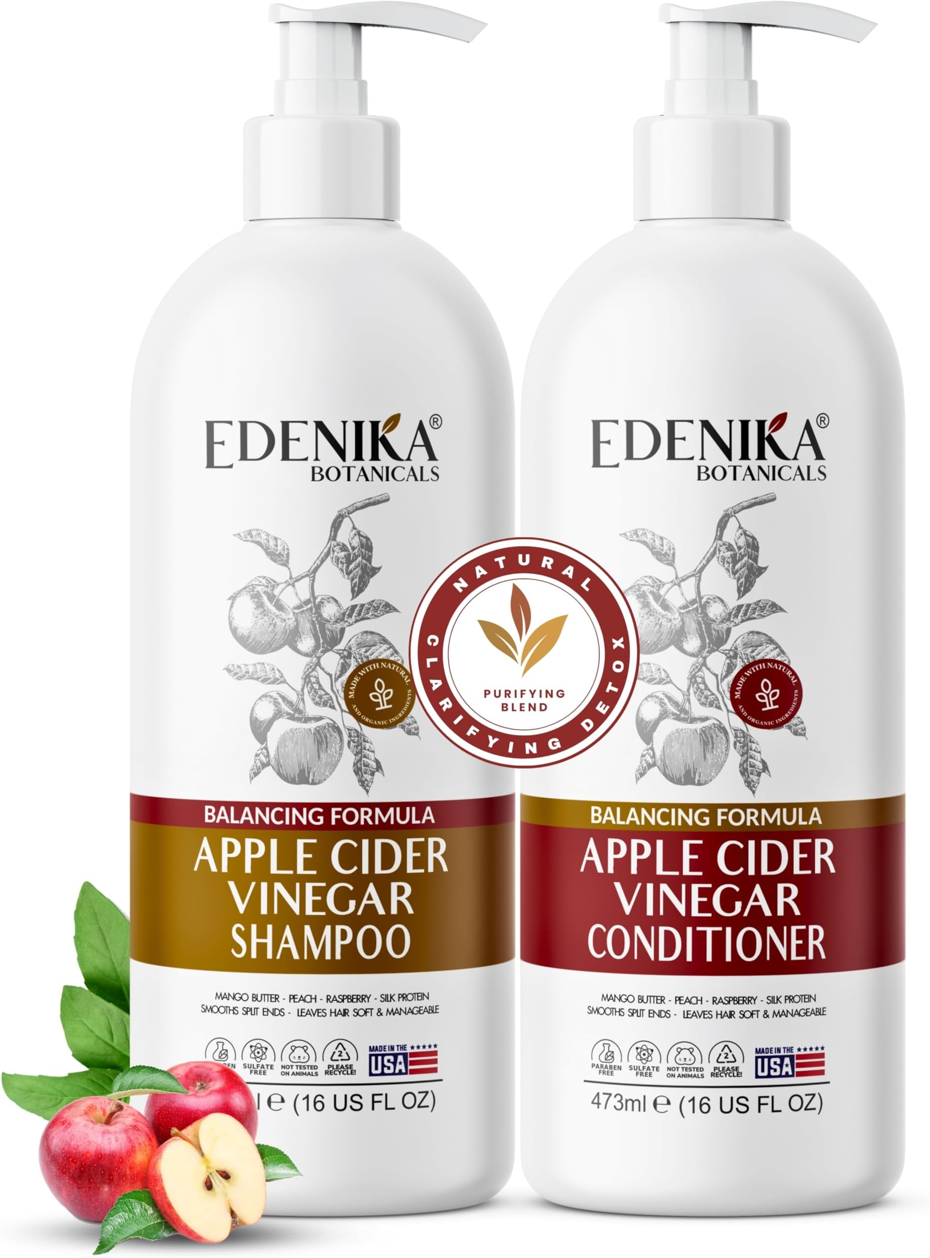 Apple Cider Vinegar Shampoo and Conditioner Set, Deep Cleans, Clarifies, Detoxes Scalp & Hair, Balances pH, Botanical, Sulfate & Paraben Free, 16 fl oz Each