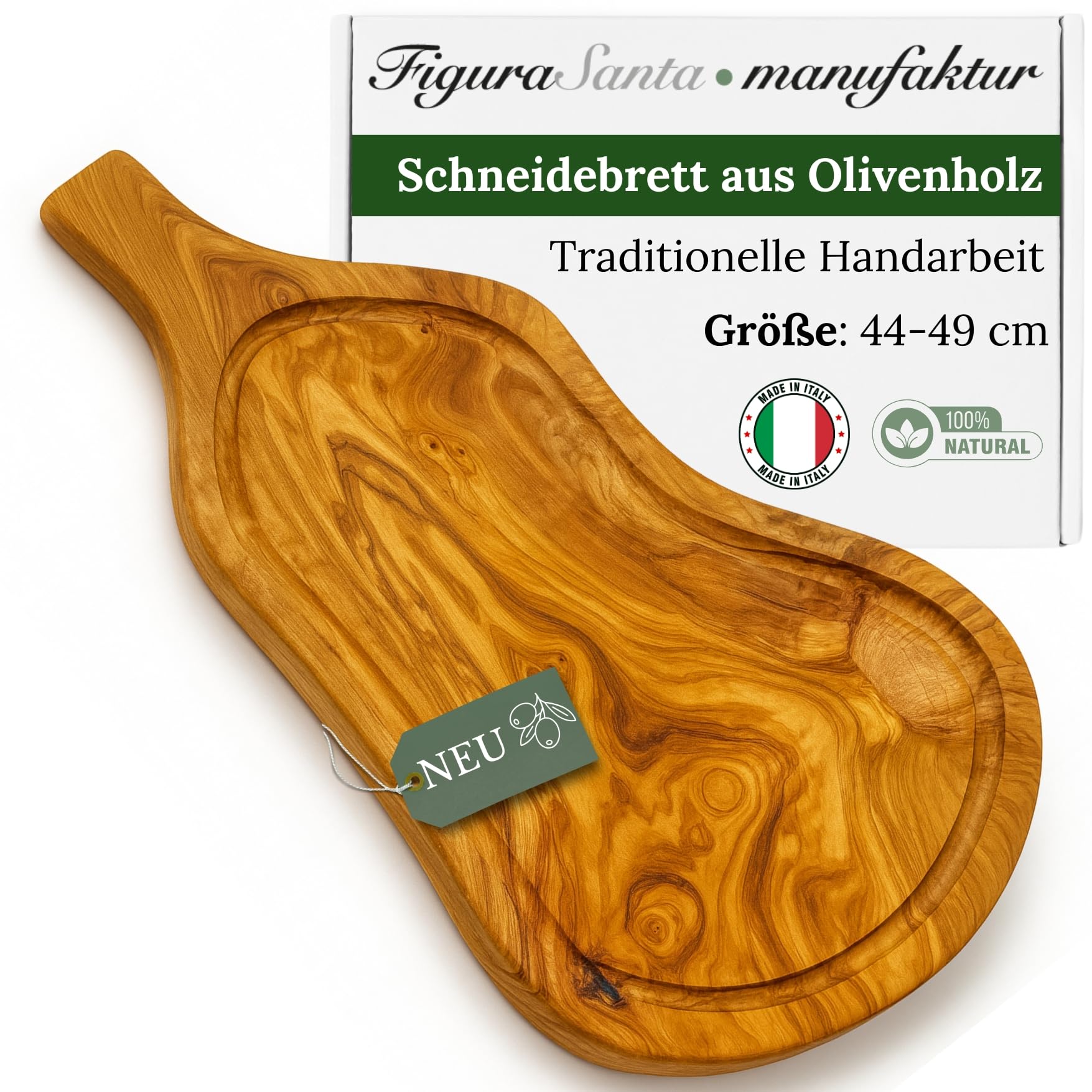 Schneidebrett Holz Olivenholz - 48 * 22 cm - massives Servierbrett Holz Olivenholzbrett antibakteriell - Holzbrett Küche mit Saftrille - alternative zu Schneidebrett Kunststoff