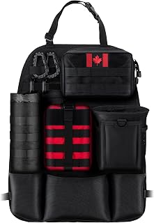 IronSeals Car Seat Back Organizer with 4 Molle Pouches, Universal Tactical Vehicle Seat Cover Panel with 4 Carabiners and Multi-Pockets - Medical Pouch Admin Pouch Water Bottle Pouch Drawstring Bag