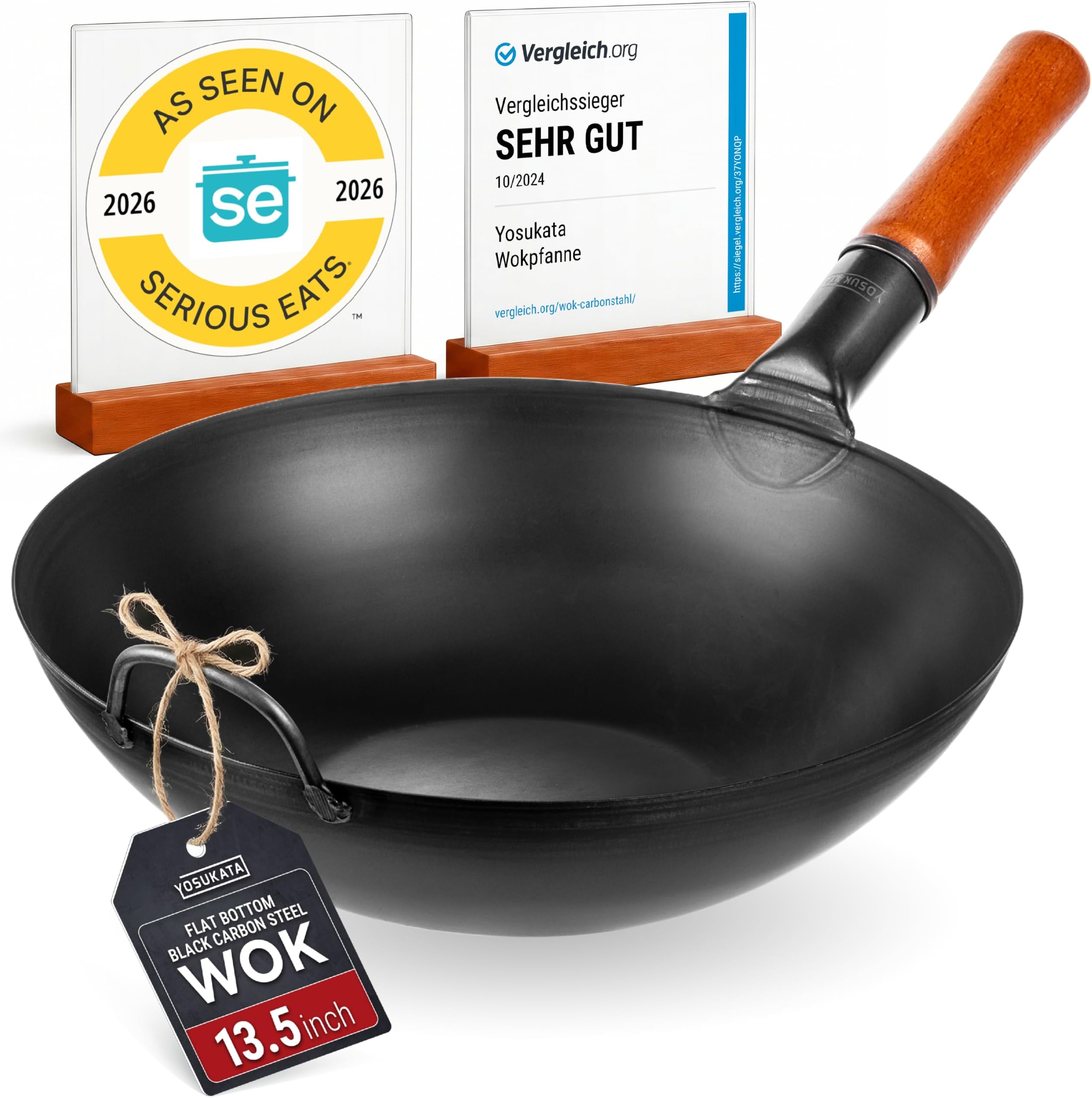 YOSUKATA Pre-Seasoned Carbon Steel Wok Pan – 13,5 " Woks And Stir Fry Pans- Chinese Wok With Flat Bottom Pow Wok- Traditional Japanese Rust-Resistant Woks- Black Steel Wok