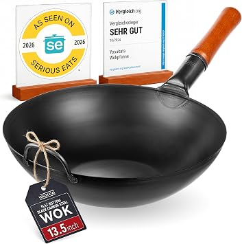 YOSUKATA 13.5" Pre-Seasoned Flat Bottom Black Carbon Steel Wok for Stir Fry