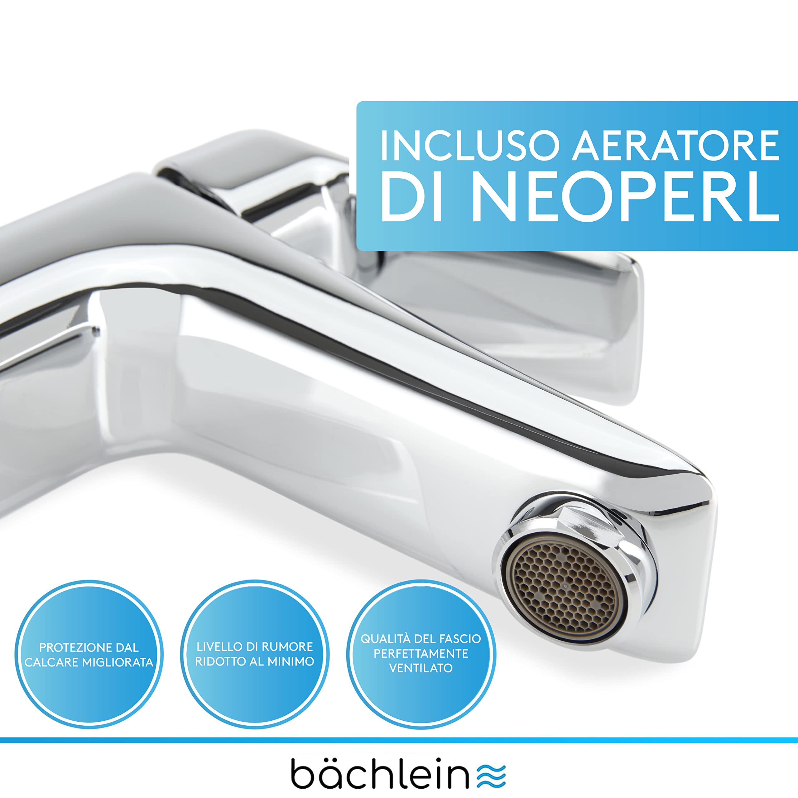 Bächlein Rubinetto per il Bagno dal Look Classico, Miscelatore Monocomando con Cartuccia in Ceramica di Lunga Durata, 2 Tubi di Collegamento e Chiave di Montaggio, Rubinetto da Bagno Cromato
