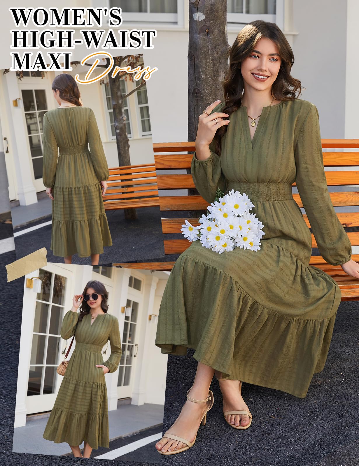Robe Femme Manches Longues Col en V Automne | Taille Haute, A-ligne, Coton, Robe Décontractée, Taille Froncée, avec Poches, Chic Et Elegant, Printemps, Automne, Hiver