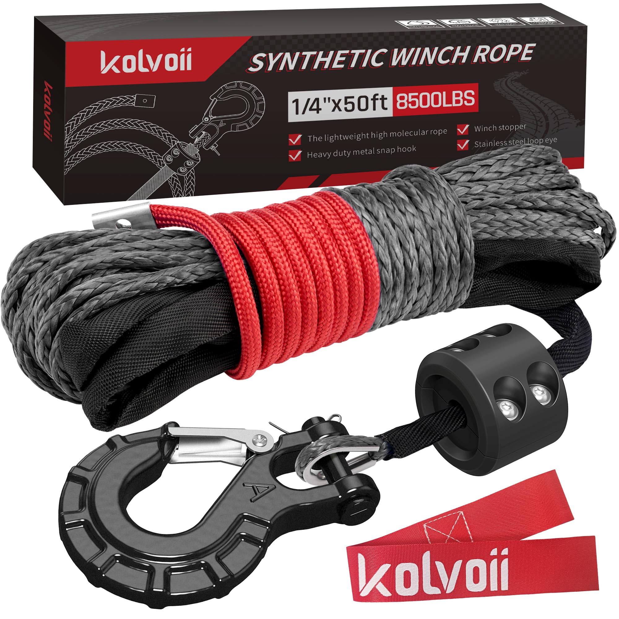 KolvoiiSynthetic Winch Rope Kit, 1/4" x 50ft 8500lbs Winch Cable with Steel Hook, Protective Sleeve and Winch Cable Stopper for ATV UTV Off-Road Vehicle etc(Grey Rope, Black Hook)