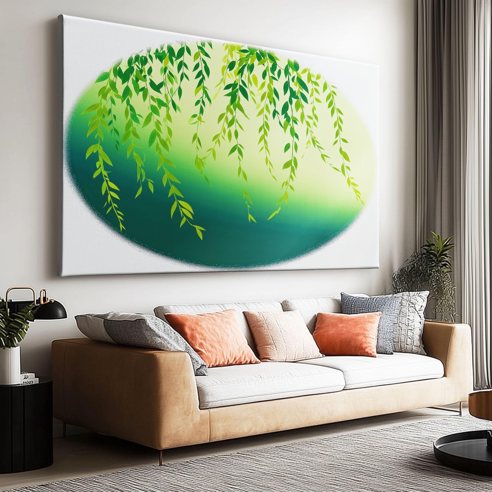 Generisch Leinwandbild mit Rahmen Grüne Weidenblätter 100x75cm Wandbild Kunstdruck auf Leinwand, Modern Wanddeko für Wohnzimmer Schlafzimmer Badezimmer Flur Dekoration