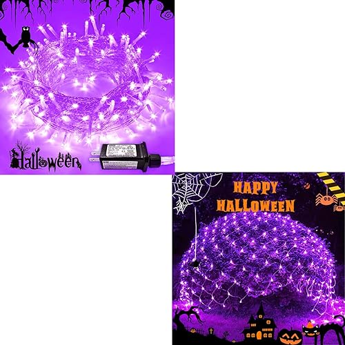 JMEXSUSS Guirnalda de luces LED moradas de Halloween y luces de red para exteriores, alambre transparente, 8 modos, impermeable, guirnalda de luces