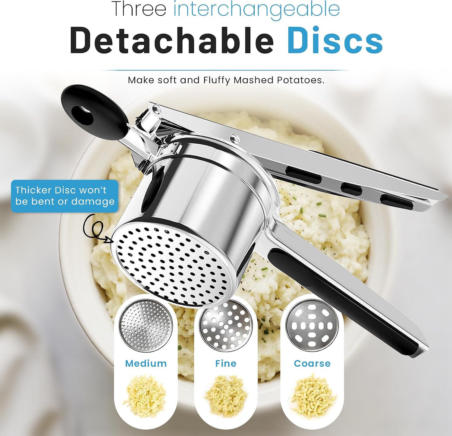 Large 15oz Potato Ricer with 3 Interchangeable Discs - Heavy Duty Stainless Steel Press & Non-Slip Handles for Fluffy Mashed Potatoes - Potato Masher, Press and Ricer Kitchen Tool, Black