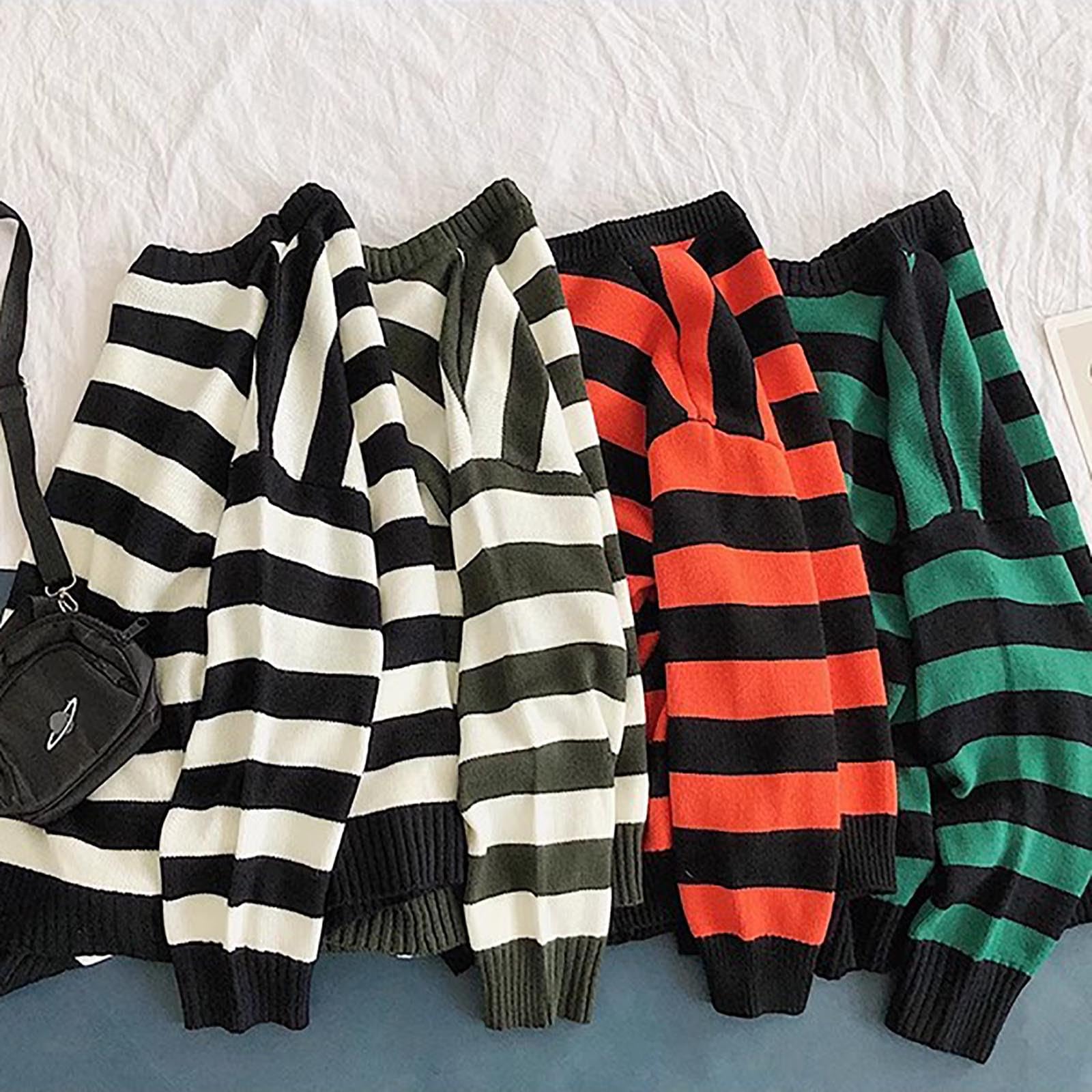 Maglione Moda Uomo Autunno Lavorato a Maglia Bicolore a Righe Girocollo Mag