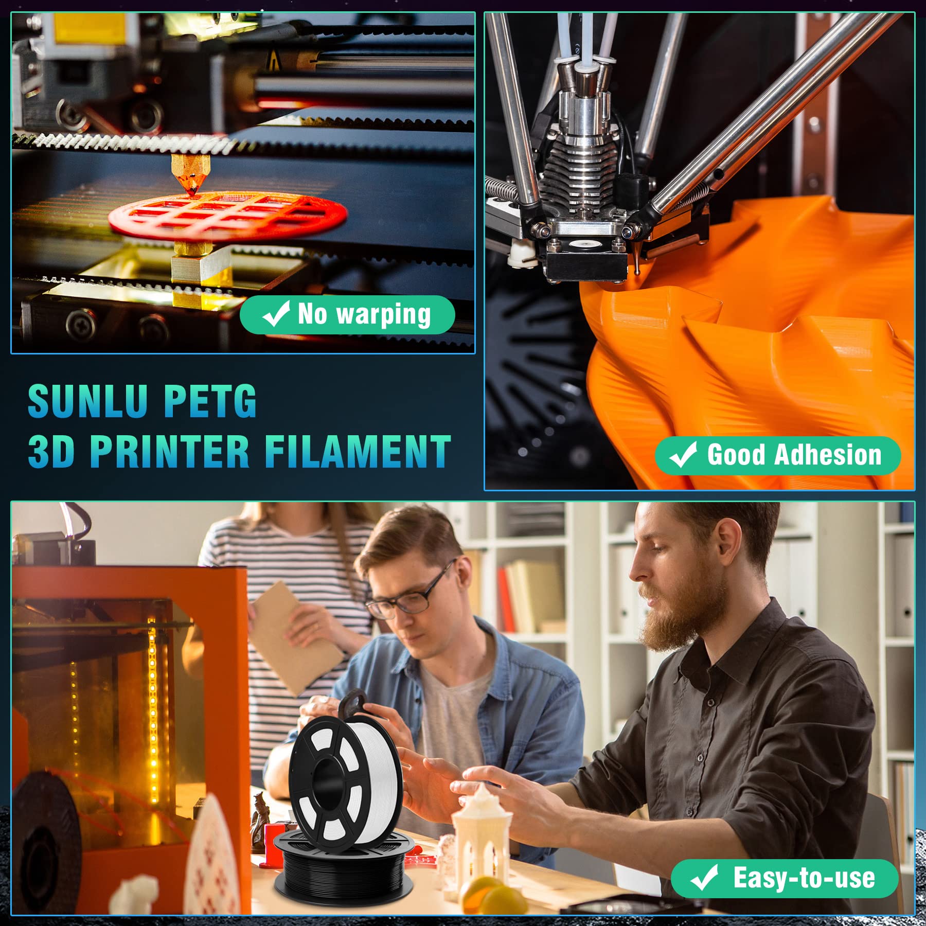 SUNLU Filamento PETG 1,75 mm, Neatly Wound Filamento PETG per Stampante 3D Precisione Dimensione +/- 0,02 mm, Forte Filamento PETG per Stampa, Bobina da 1 kg, Totale 3 kg, Nero+Bianco+Grigio