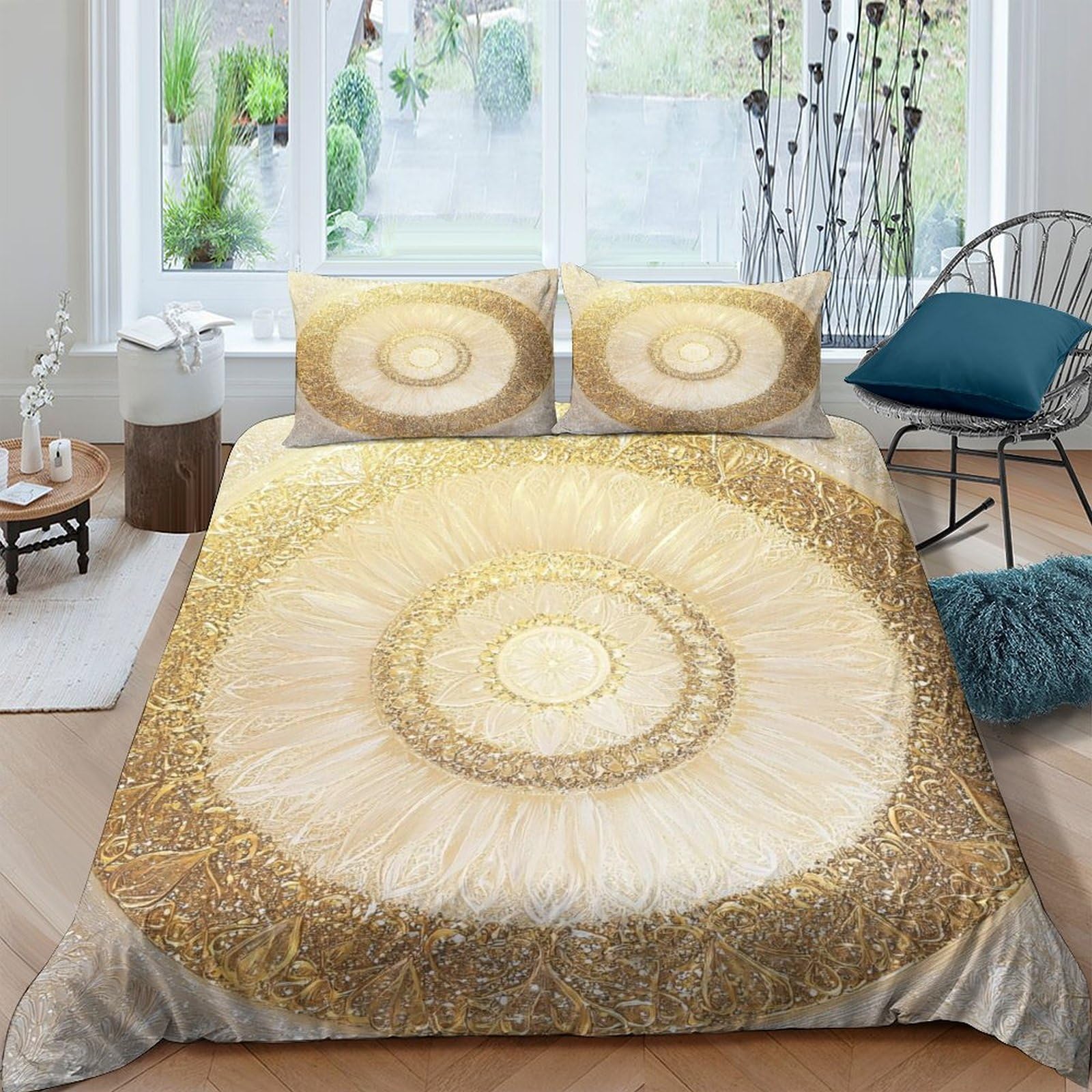 Ctjqhvkz Style-4 3D Printed Golden Mandala Fitted Sheet Microfiber Soft Breathable Abstract Circle Bed Cover For Bedroom Guest Room Mattress Decor Single（135X200cm）