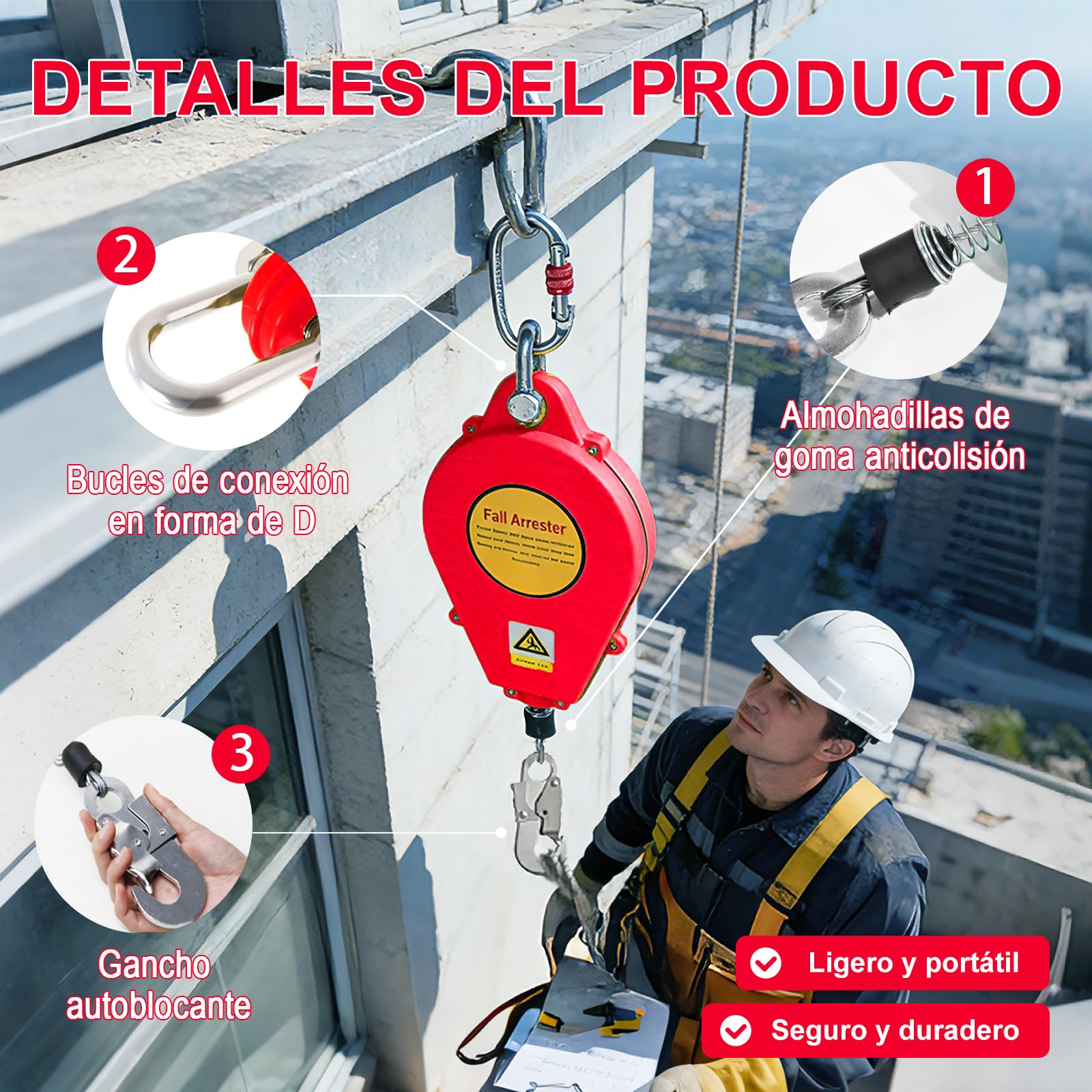 Dispositivo Anticaídas Retráctil, Línea de Vida Tejado con Bloqueo | Cable Acero y Arnés Seguridad Trabajo Altura, Retráctil Anticaída para Tejados Construcción, Sistema Doble Bloqueo, Rojo