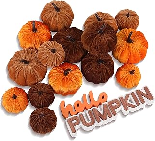 17 Pack Fall Artificial Velvet Pumpkins Decorations, Foam Faux Flocked P...