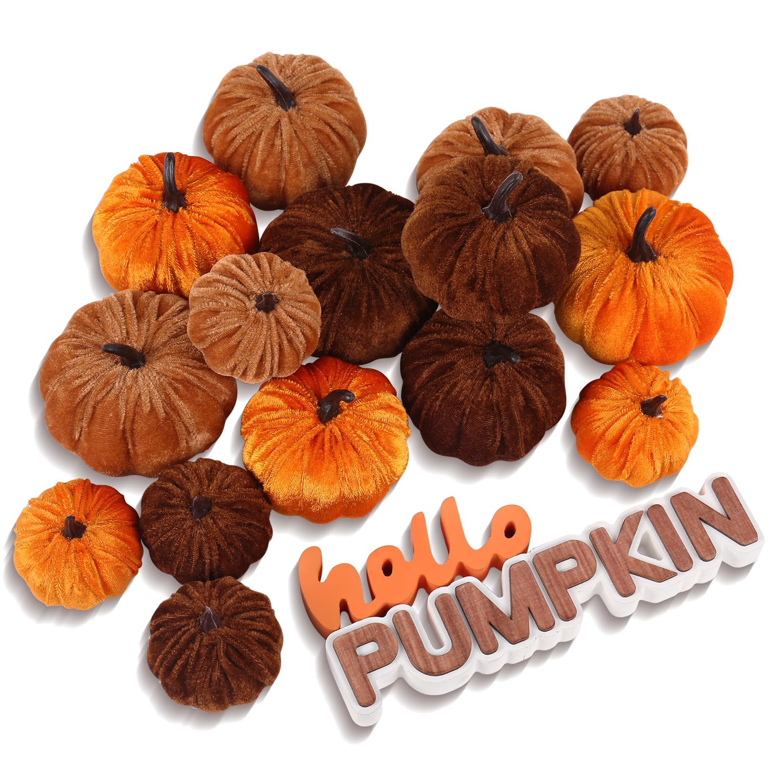 17 Pack Fall Artificial Velvet Pumpkins Decorations, Foam Faux Flocked Pumpkin Including Wooden Hello Pumpkins Sign, for Home Autumn Harvest Theme Party Halloween Thanksgiving Table Decor.