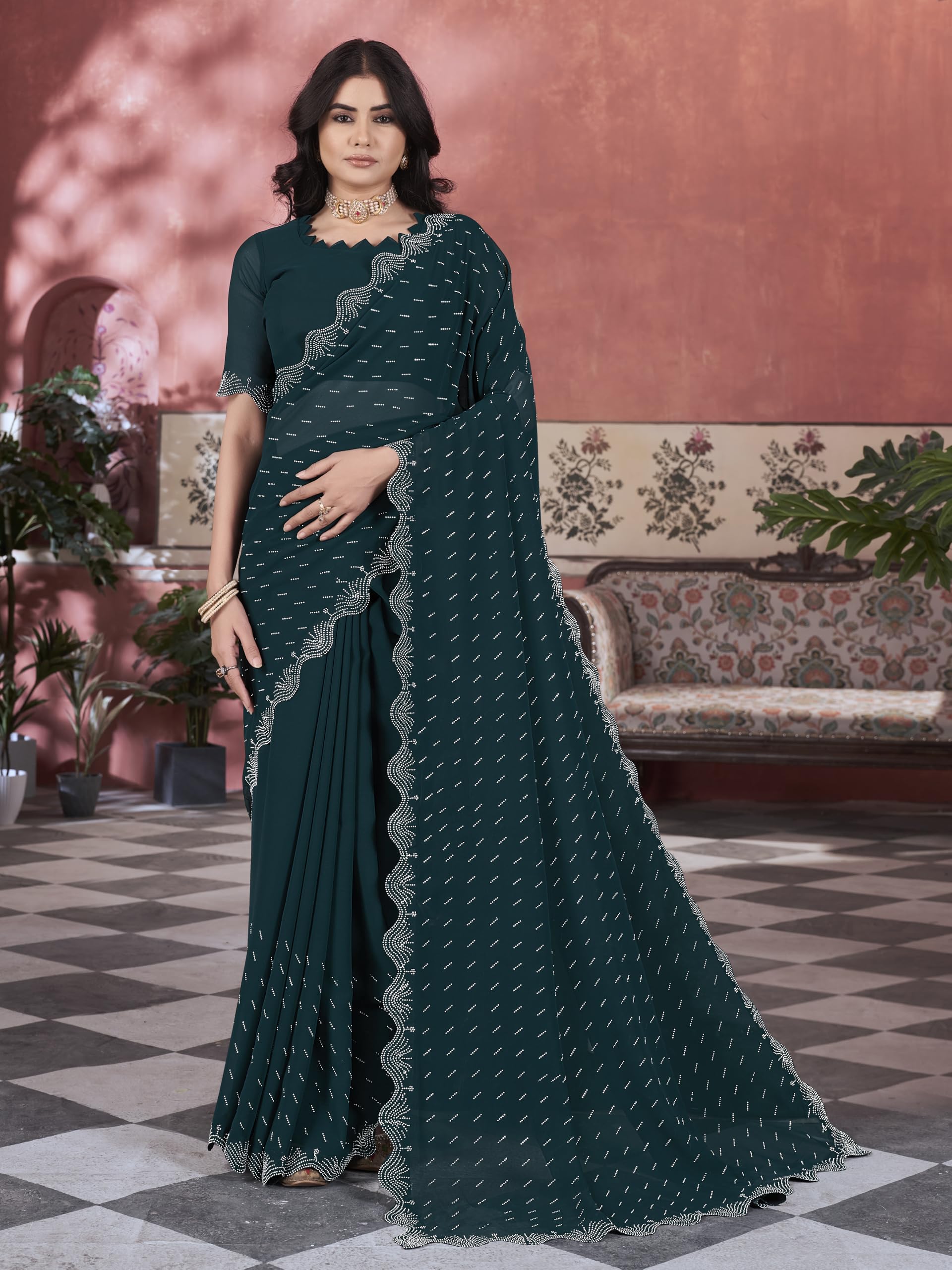 Glory Sarees Women's Georgette Swarovski Saree With Blouse Piece (Swarovskisarees_Green)