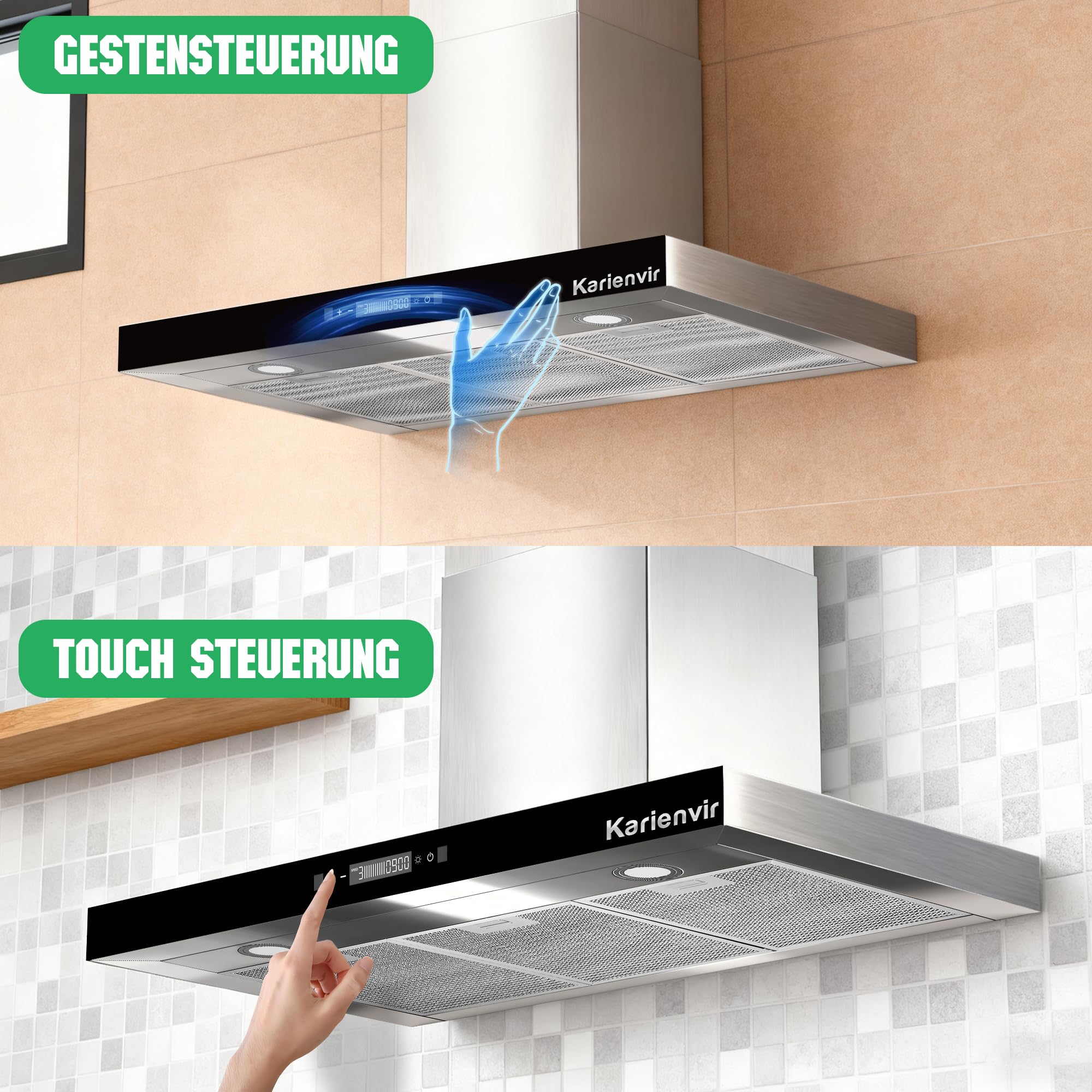 Campana extractora de 90 cm, 650 m³/h, control por gestos y táctil, LED, A+