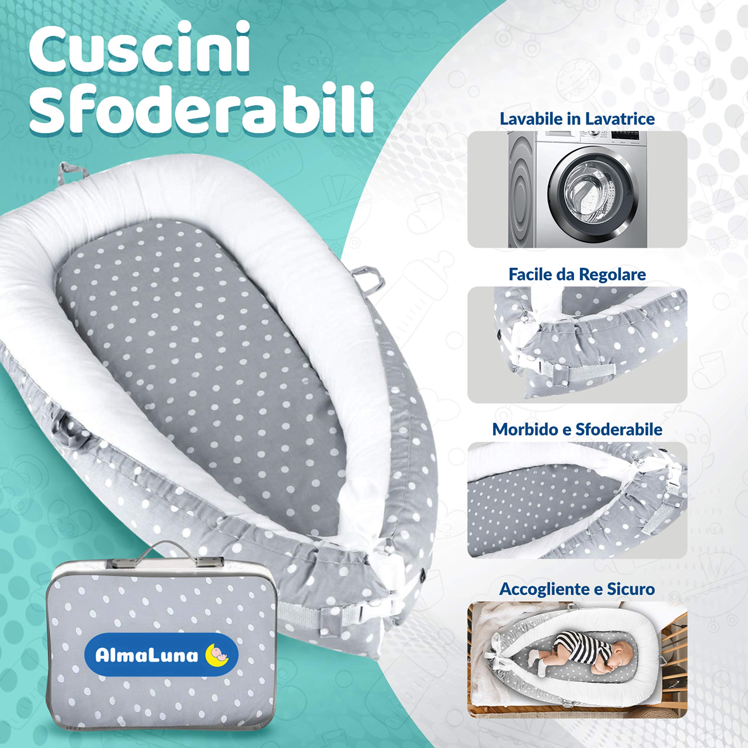 Riduttore Lettino Neonato - Riduttore Culla - 100% Cotone - Nido Da Viaggio - Lavabile In Lavatrice - Cuscino Sfoderabile