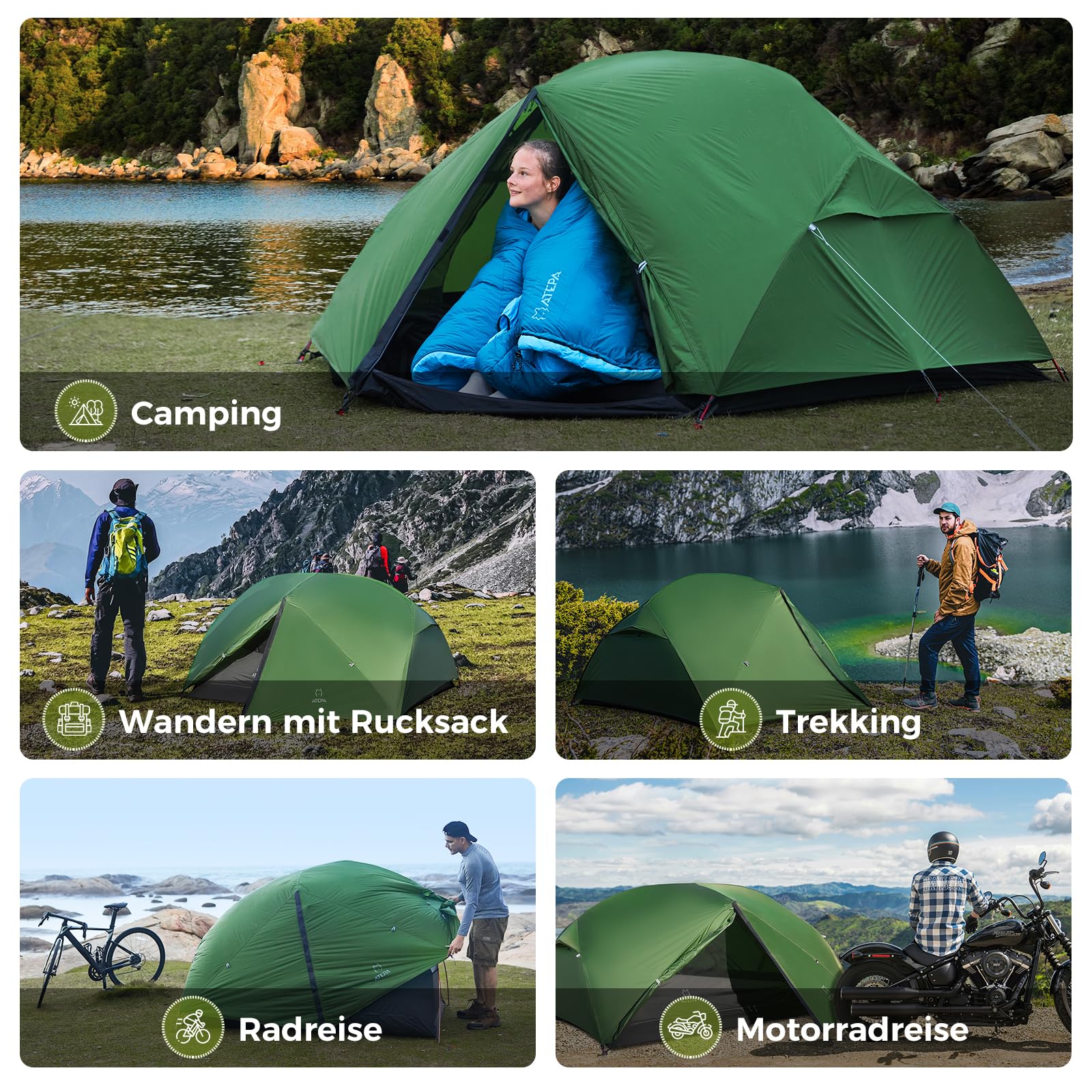 ATEPA Ultraleicht Zelt 2 Personen 1.9kg Wasserdicht & Windschutz, Camping Zelt Abtrennbares Mesh-Innenkonto mit Vorbau für Trekking Camping Bikepacking Outdoor Wandern