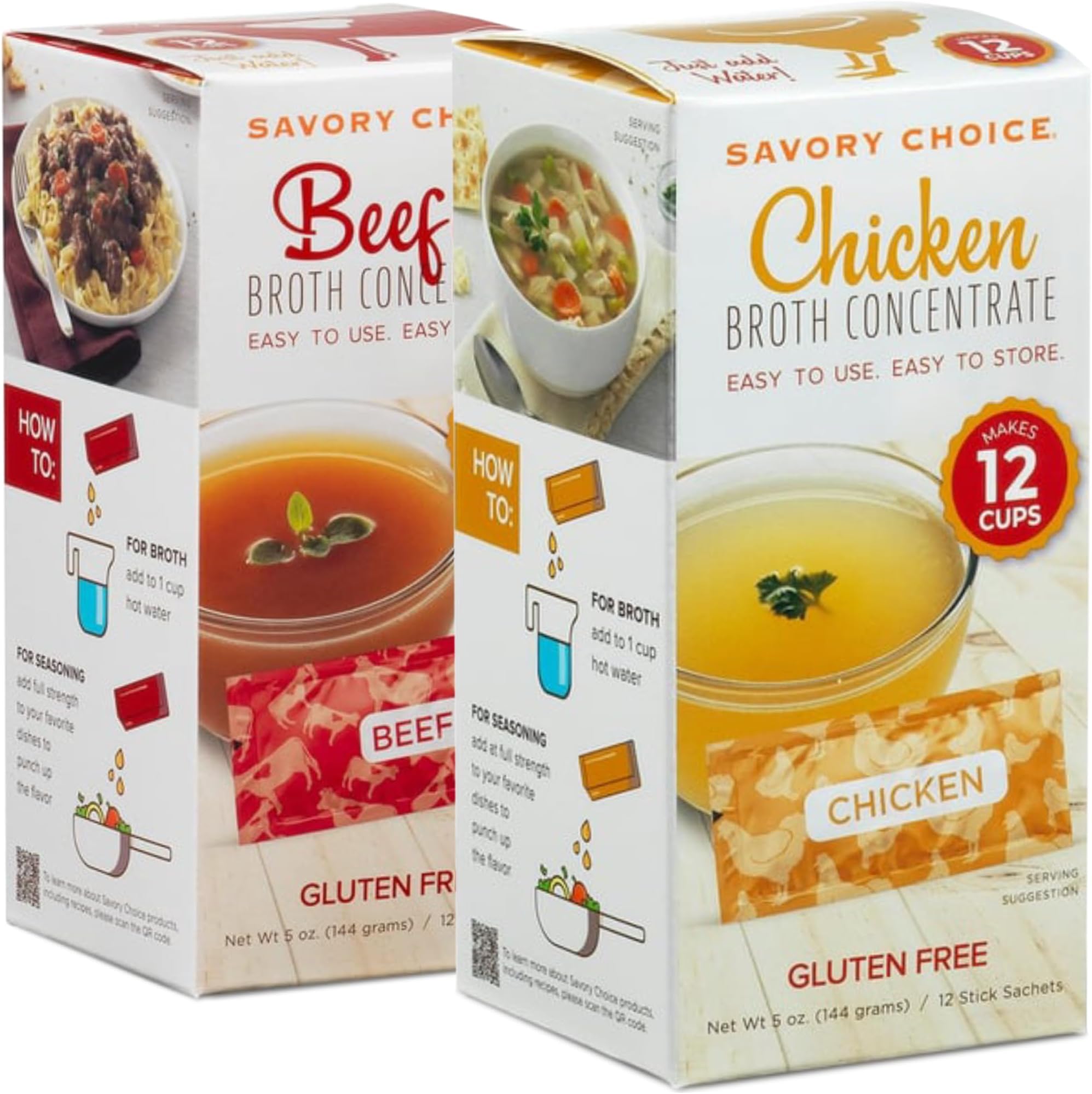Beef and Chicken Broth Concentrate, 2 Boxes of 12 Packets/Flavour (12g) - Gluten-Free, Diary-Free Broth Concentrate
