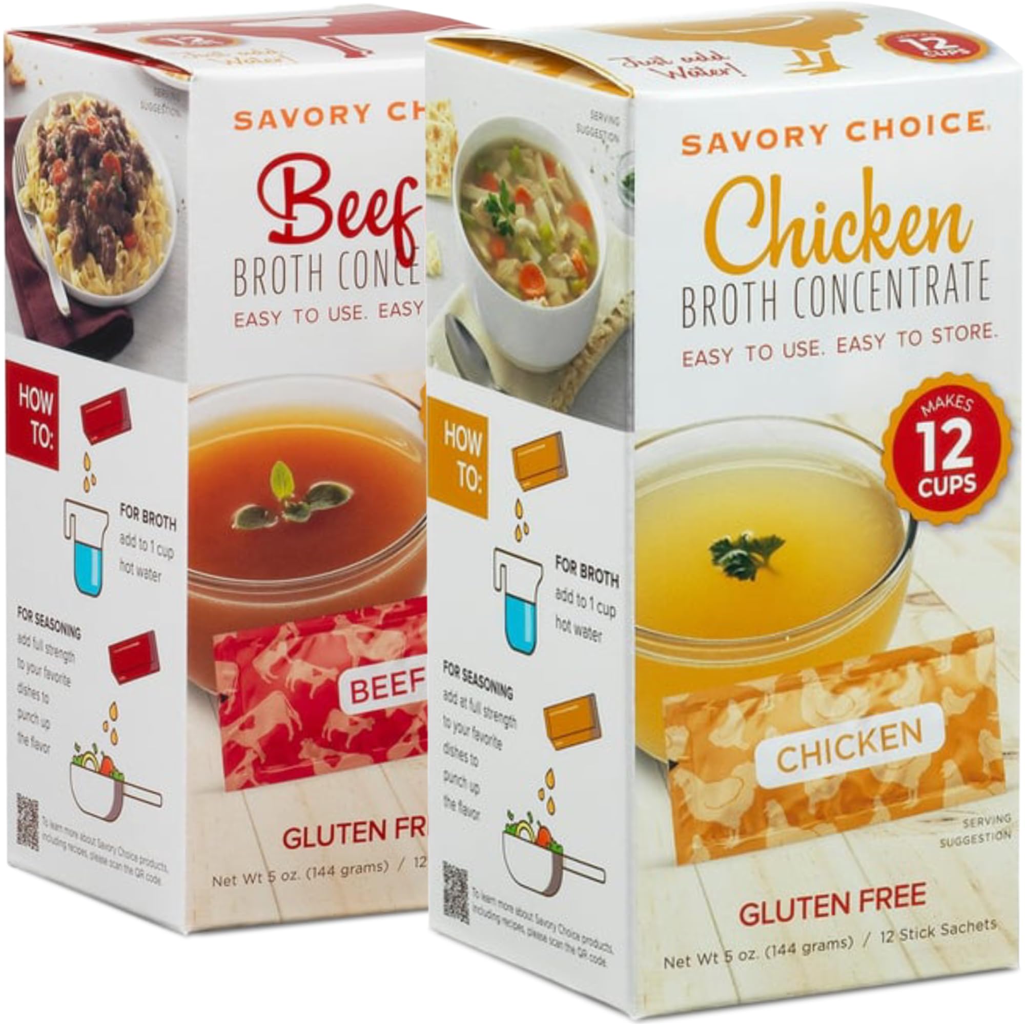 SAVORY CHOICE Beef and Chicken Broth Concentrate, 2 Boxes of 12 Packets/Flavour (12g) - Gluten-Free, Diary-Free Broth Concentrate