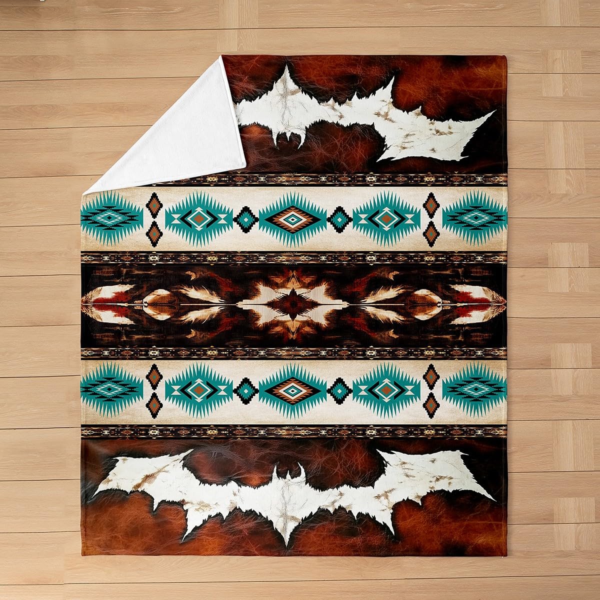 Coperta in flanella occidentale in peluche peloso di mucca retrò pelliccia coperta in pile Boho rustico rustico peluche leggero divano copriletto esotico geometrico matrimoniale 152 x 200 cm