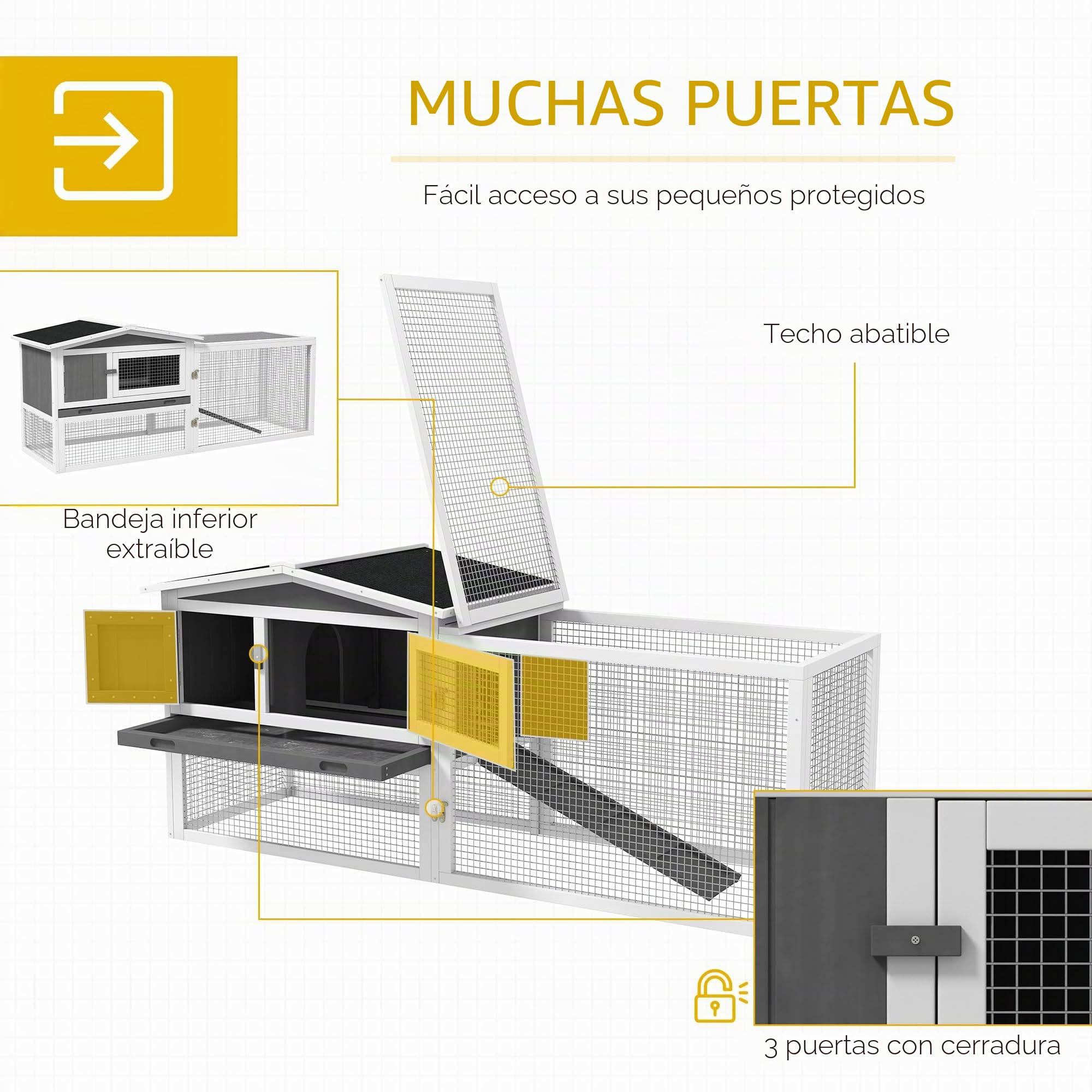 PawHut conejera para Conejos con recinto Libre Bandeja de Suelo, rampa, conejera de Madera para Animales pequeños recinto para cobayas con 2 Pisos, Ventana de visualización, para Conejos Enanos