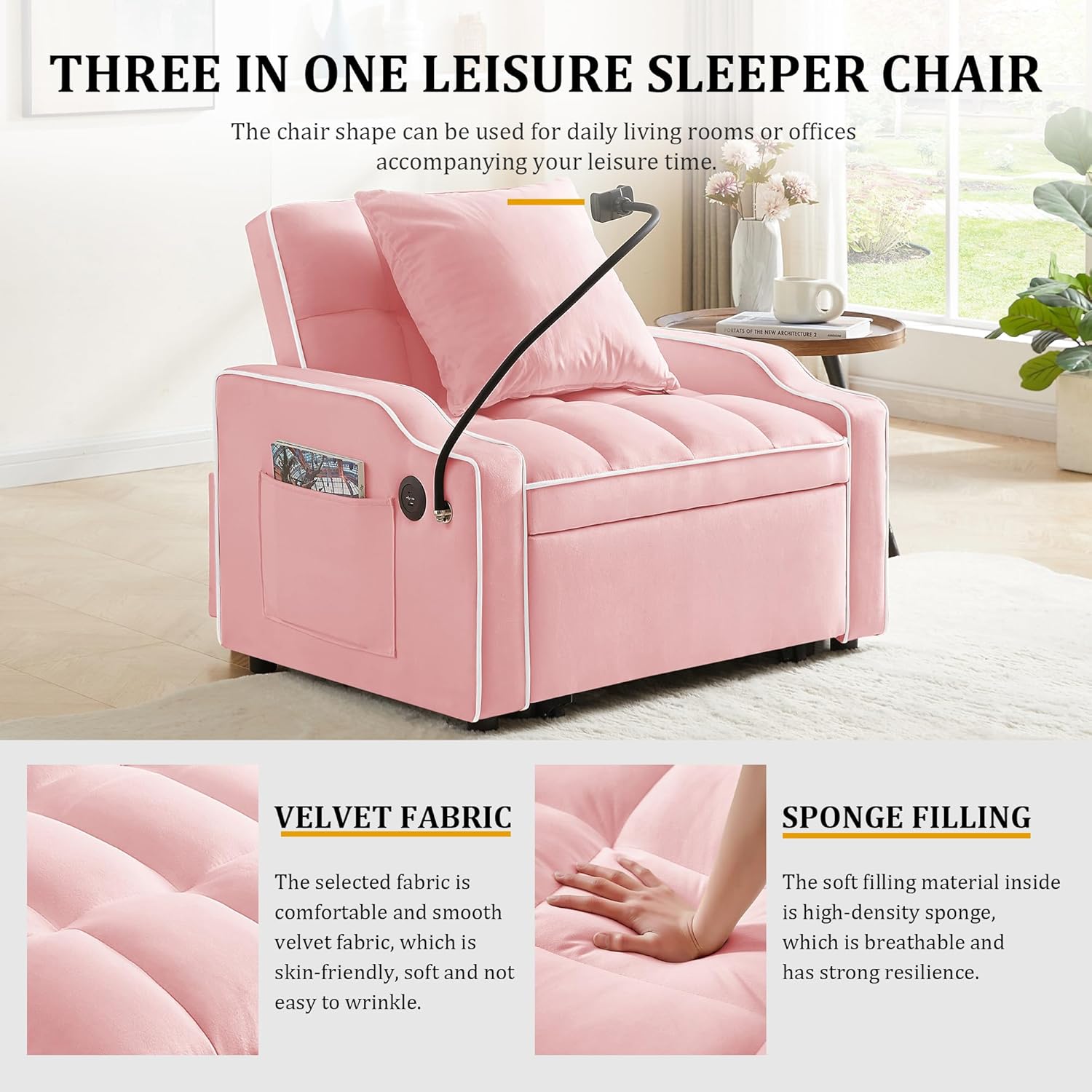 ZEIINPA 3 in 1 Single Sleeper Sofa Chair with Pullout Bed, Velvet Convertible Pull Out Couch with Adjustable Backrest, Modern Chaise Lounge with USB Port & Phone Holder for Living Room, Pink