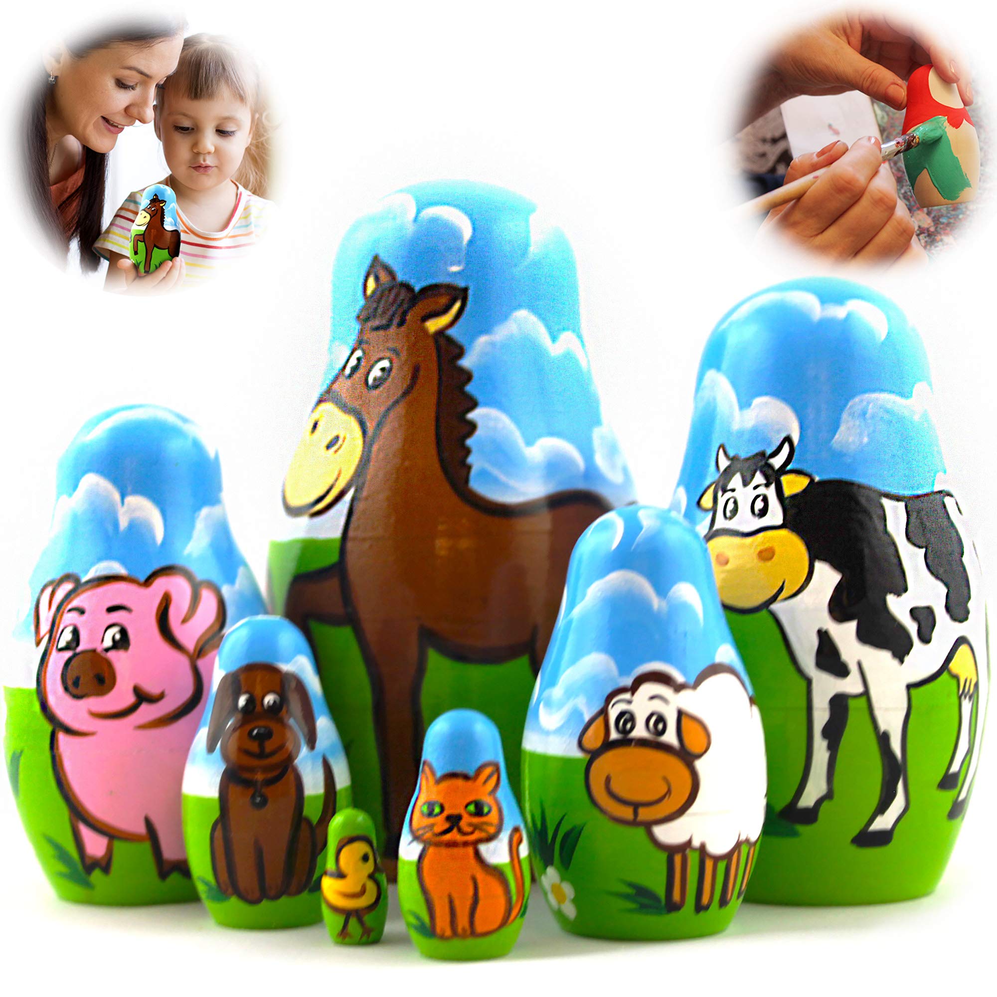 AEVVV Farm Animals Set pcs Wood Nesting Dolls Pet Figurine Set Wooden  Matryoshka Stacking Items