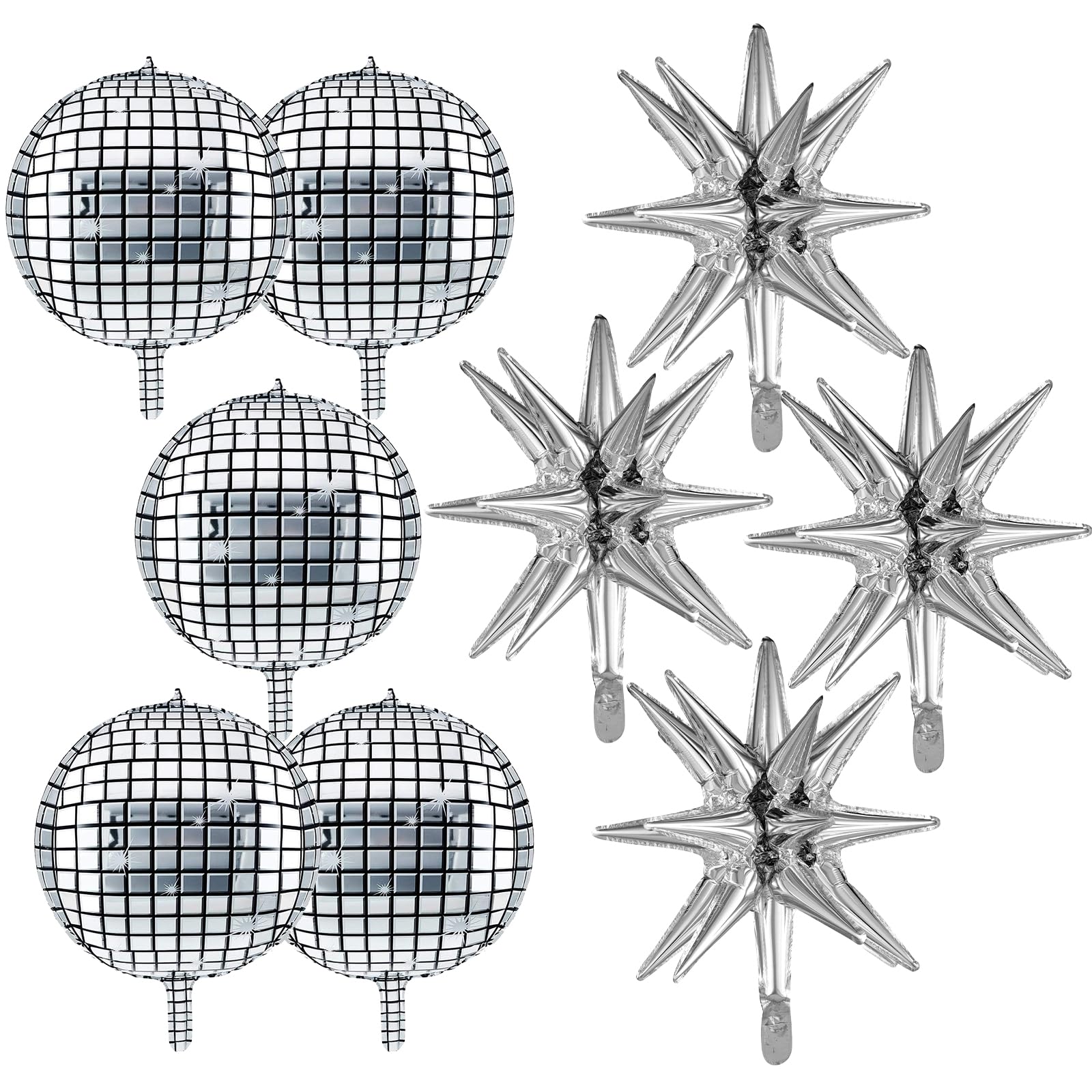 HYHJBLN 9Pcs Disco Ball Balloons and Star Foil Mylar Balloons Cone Spike Explosion Star Balloons 22 Inch Metallic Silver Balloons Round Balloons for