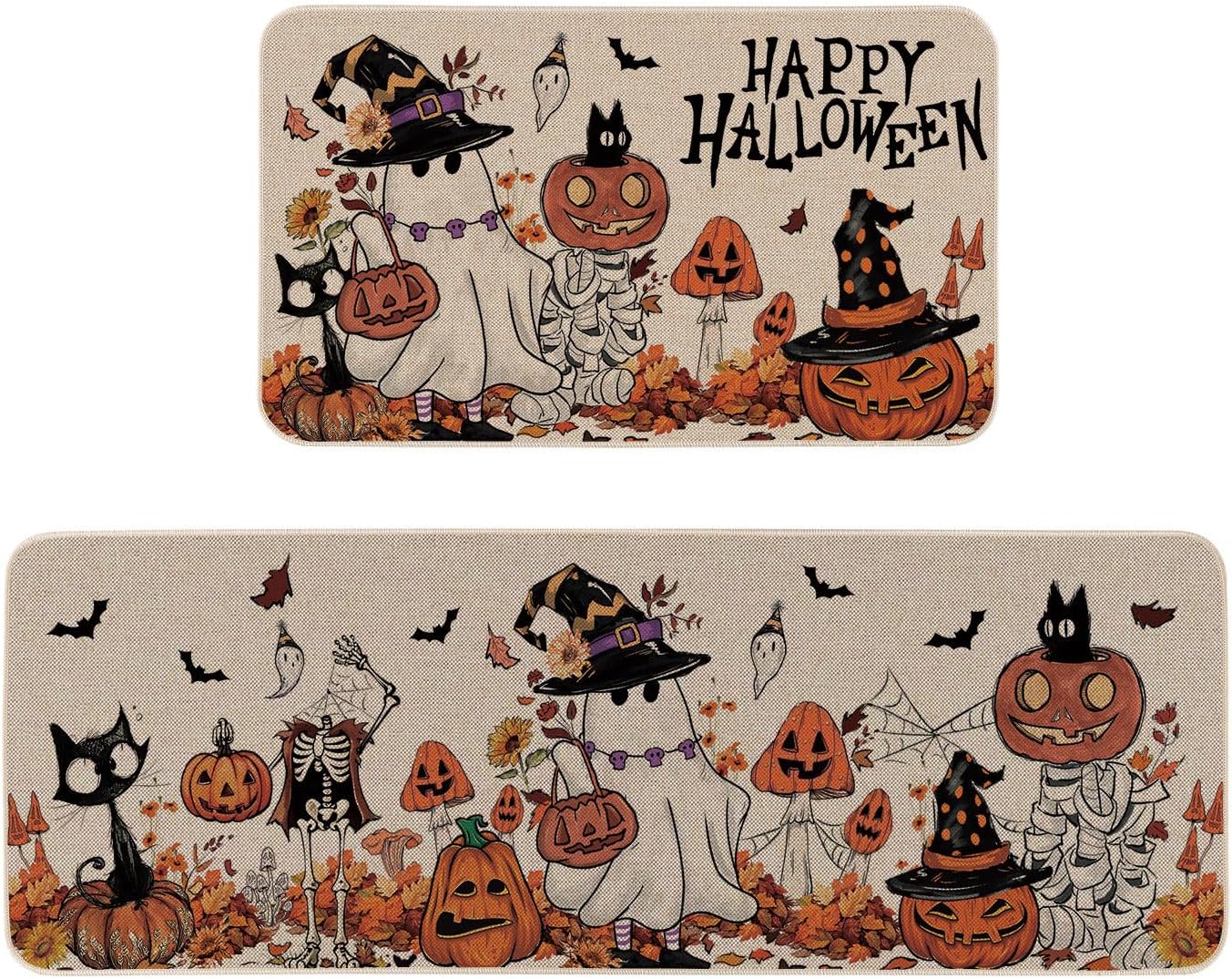 Moutina Happy Halloween Ghost Mushroom Pumpkin Skeleton Decorative Kitchen Rugs Set of 2, Halloween Holiday Party Home Decor Low-Profile Kitchen Mats for Floor - 17x29 and 17x47 Inch