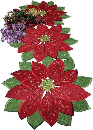Juego de 4 manteles individuales navideños de 4 piezas, apliques de flor de pascua roja con flores bordadas verdes para el hogar, fiesta de Navidad,