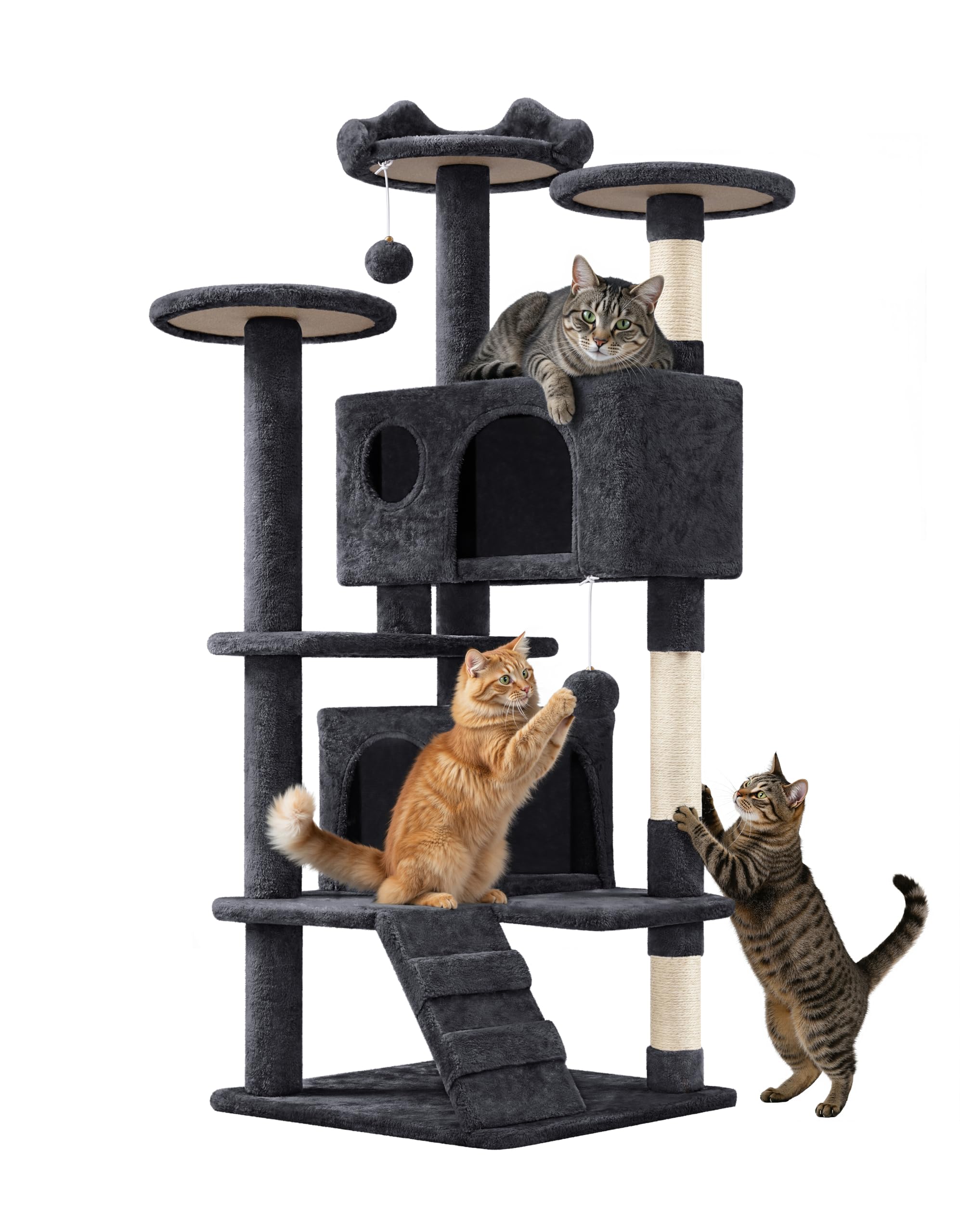 Yaheetech Árbol Rascador para Gatos 139cm con 3 Plataformas 2 Nidos 2 Pompones Torre de Escalador con Postes en Sisal Ideal para 3-4 Gatos Gris Oscuro — view 31