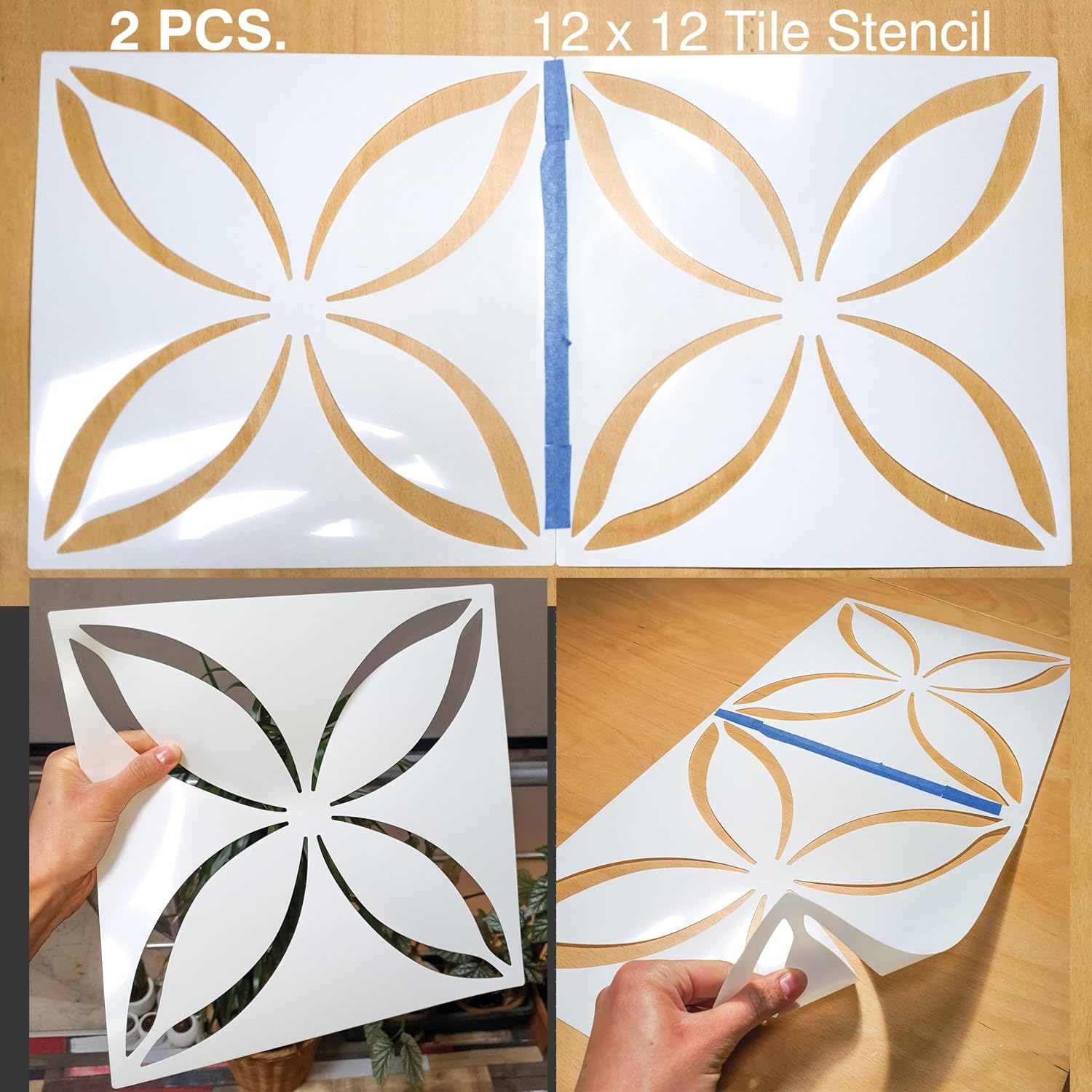 2 Pcs 12" x 12" Tile Stencil Painting Stencil for Walls and Floors - Reusable - Stencils for Painting - Stencil for Home Decor (Lotus Quatrefoil)