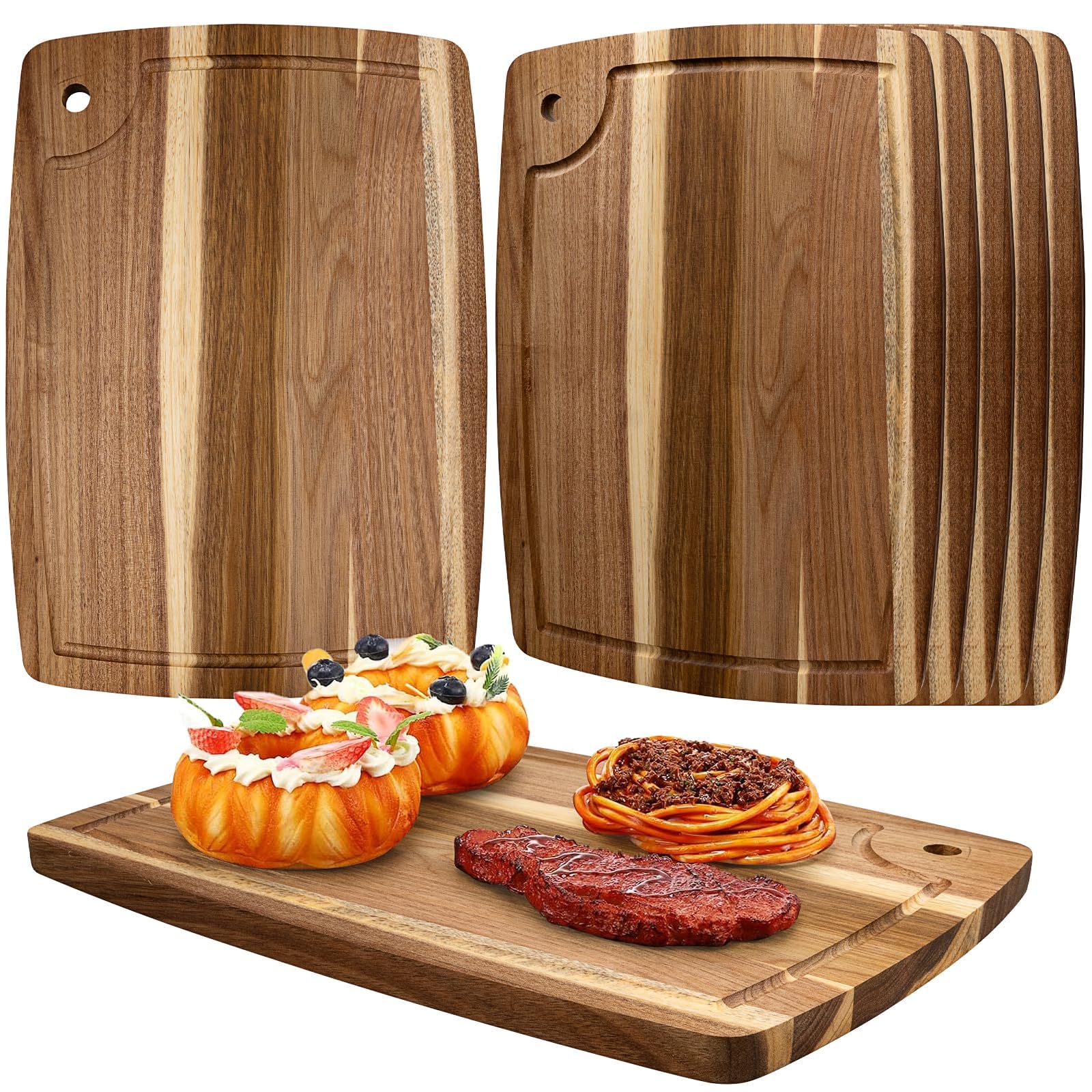 Juego de 6 tablas de cortar de madera de acacia, 35 x 25 cm, tabla de cortar de madera reversible con ranura para zumo, tabla de servir para carne, queso, pan, frutas y verduras