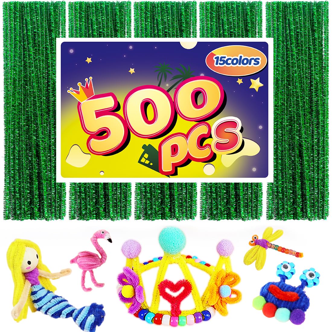 Green Glitter Pipe Cleaners - 500 Count, Arts &amp; Crafts Supplies
