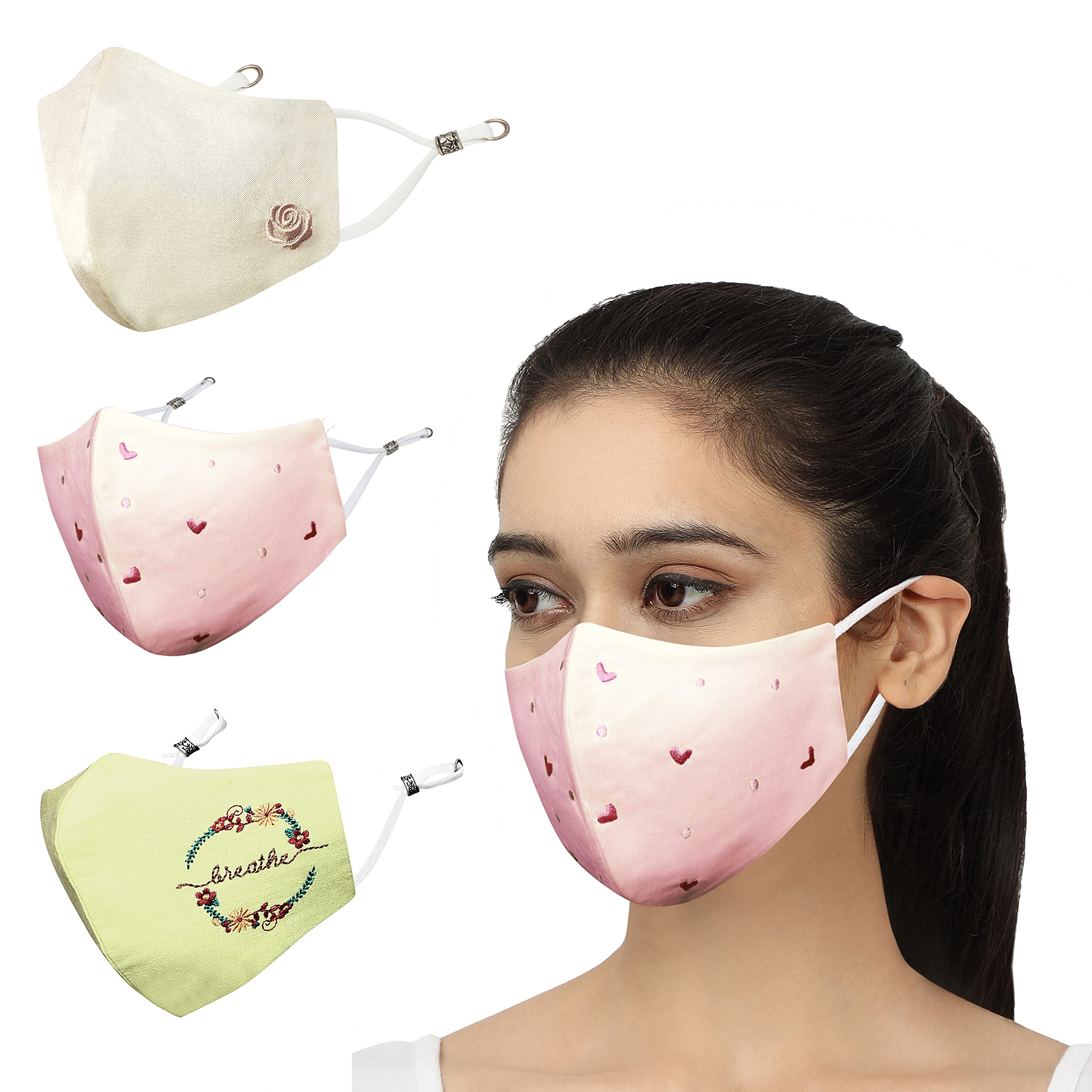 masq By Q-One 4 Layer Washable, Reusable, Size Adjustable, Anti-Bacterial (BFE>99%) Embroidered Cotton Cloth Face Mask Combo for Women, Girls with 1 Detachable Chain (Multicolor, Pack of 3)-picture-2