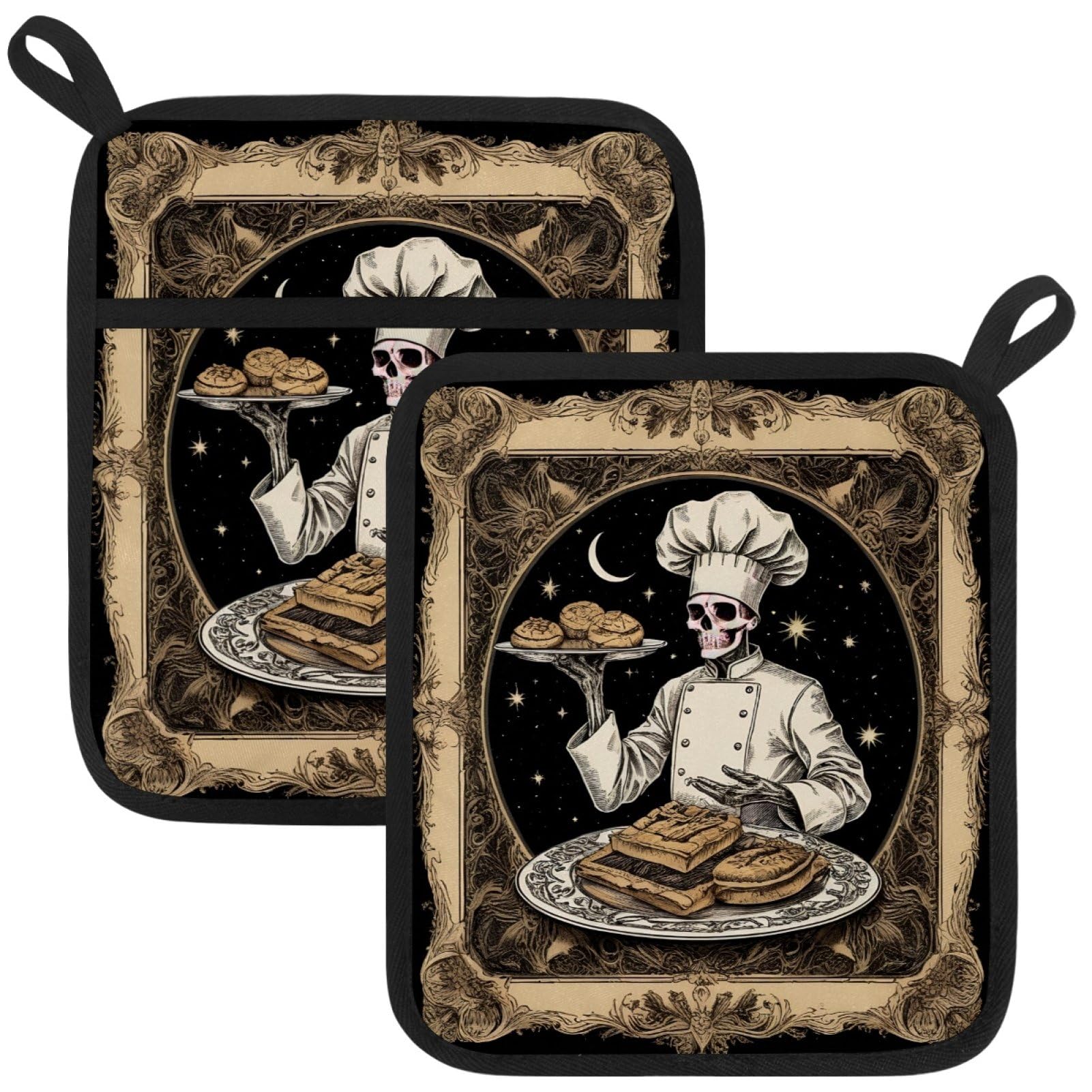 Presine con scheletro gotico con tasche, divertenti regali da forno, resistenti al calore, guanti da forno caldi per cucina, forno, presine per cucina
