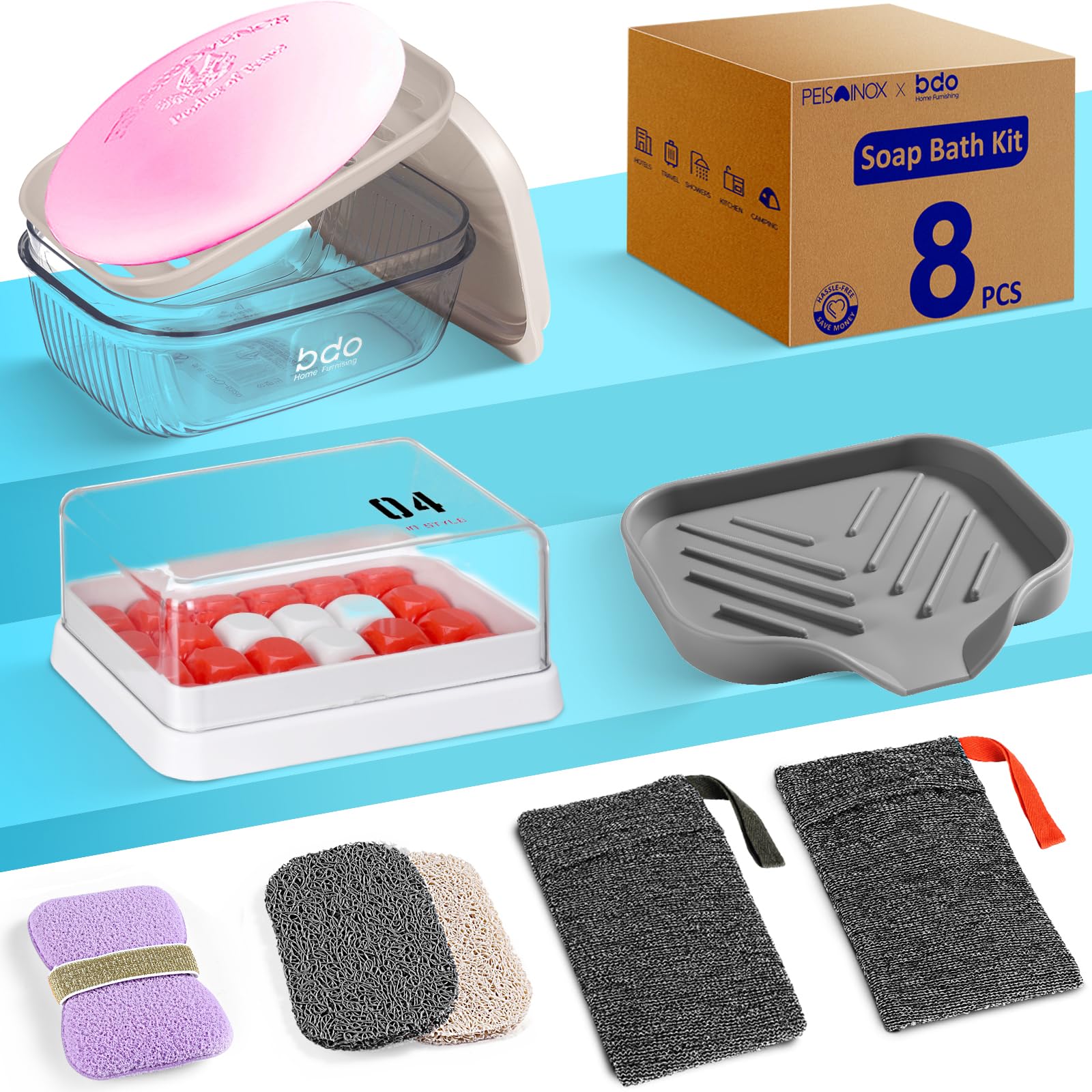 8-Piece Soap Bath Kit with Travel Soap Case Holder Dish Bag Saver, Lathering Pouch for Home, Travel, Camping, Gym, Hotel(Clear)-image-13