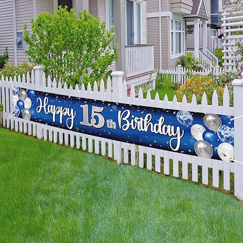 Miniatura 5 de Nelbiirth Decoraciones de feliz cumpleaños número 15, globo azul y plateado, cartel colgante de cumpleaños grande de 15 años, suministros para