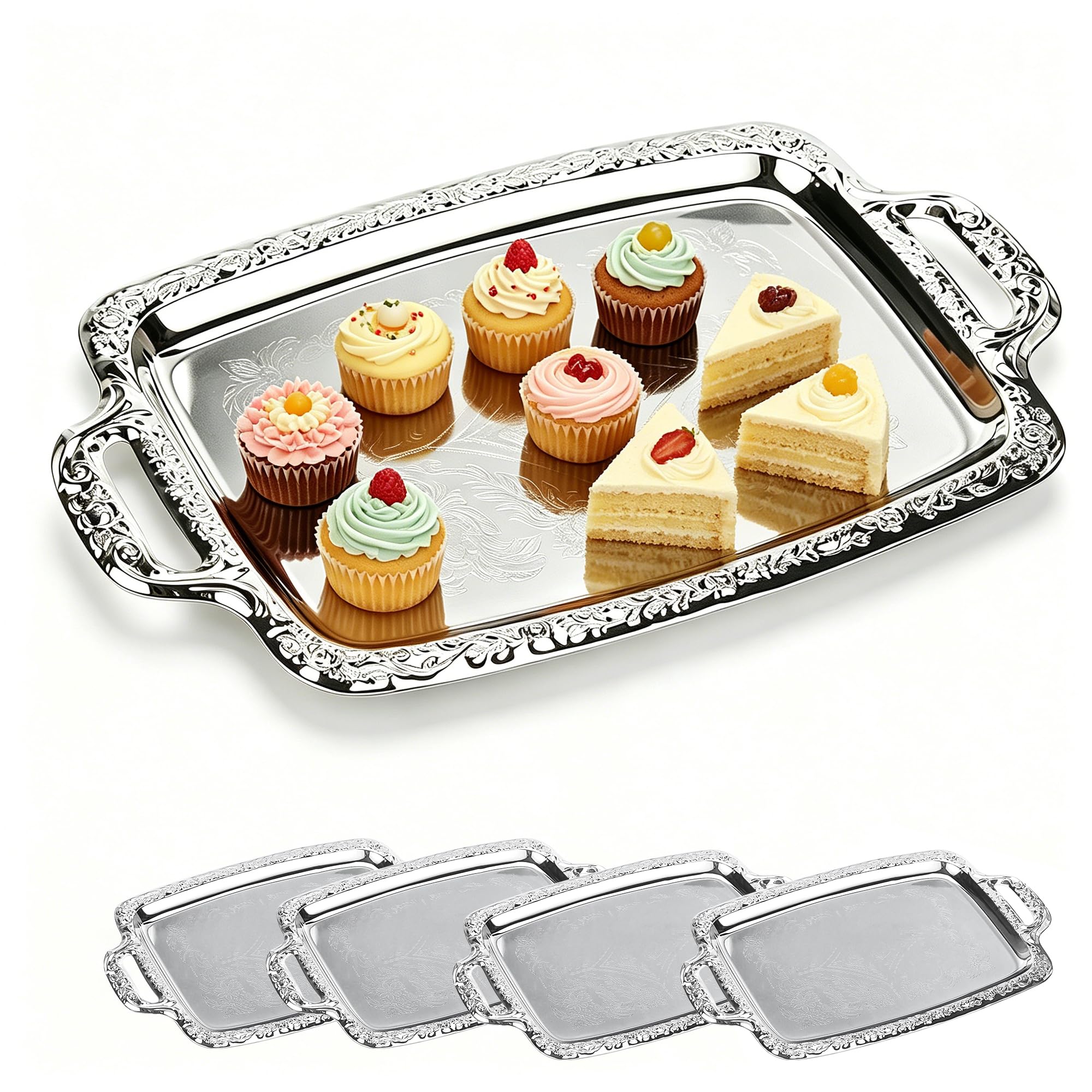 4-Pack Large Rectangle Silver Serving Trays, 15.4" x 9.3" Stainless Steel Mirror Finish Platters for Party, Wedding, Buffet, Dessert, Appetizer and Catering Display