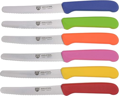 GRÄWE cuchillo de mesa 6 piezas, juego de cuchillos para cortar, paquete de 6 cuchillos de pan, cuchillo de desayuno con borde dentado en un lado,