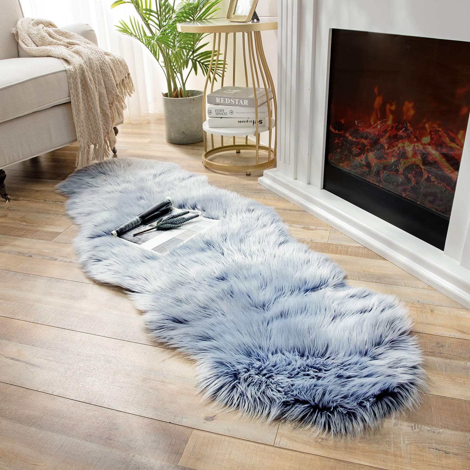 Ashler faux fur rug, Fluffy Shaggy Area Rug Ultra Soft 2 x 6 Feet Sheepskin Fur Rug, Frosted Bottom Blue Fuzzy Rug Machine Washable Shag Rug, Nursery Decor Throw Rugs for Bedroom, Living Room