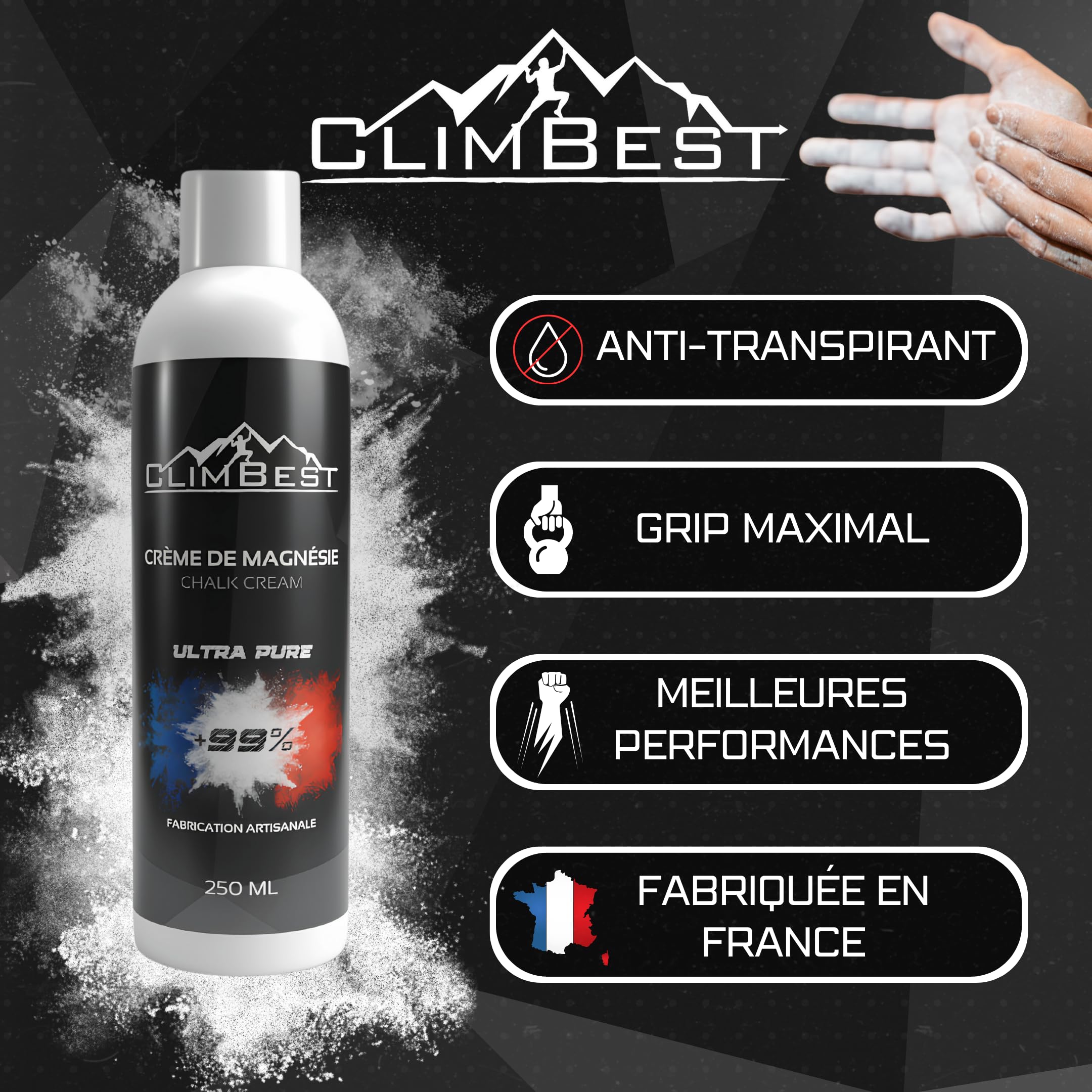 Magnésie Liquide 250ml/500mL/1L Ultra Pure - Fabriquée en France sans Résine - Nouvelle Formule - Escalade, Gymnastique, Street Workout, Musculation - Crème de Magnésie