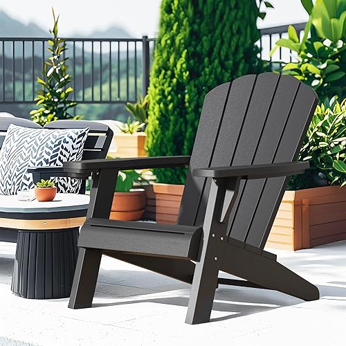 NUNU LAB Silla Adirondack de gran tamaño resistente a la intemperie con soporte para tazas, silla negra para patio al aire libre, sillas Adirondack