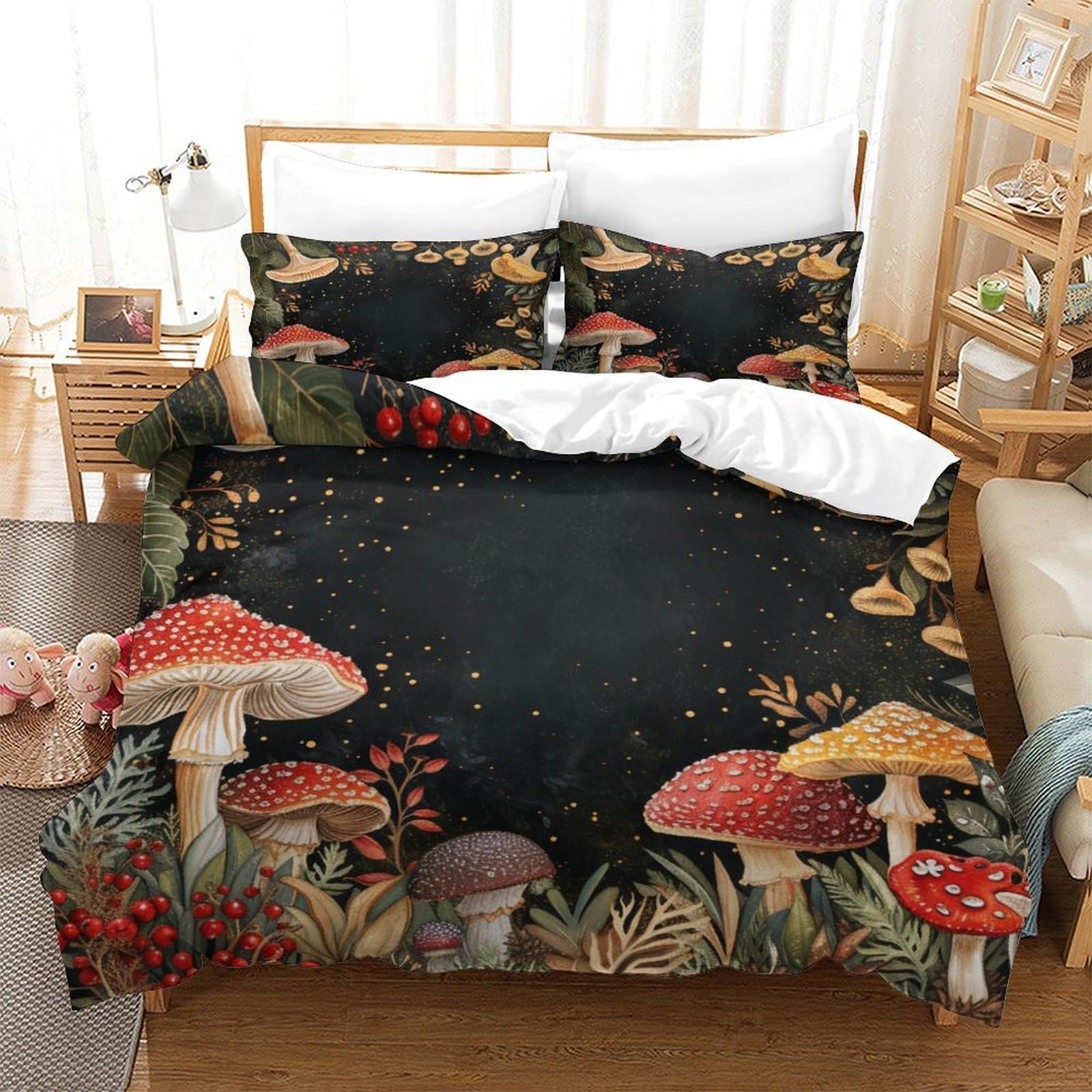 P1S9U7W5Y 3D Printed Forest Mushroom Duvet Cover Set 3pcs Microfiber Toadstool Bedding Set Double