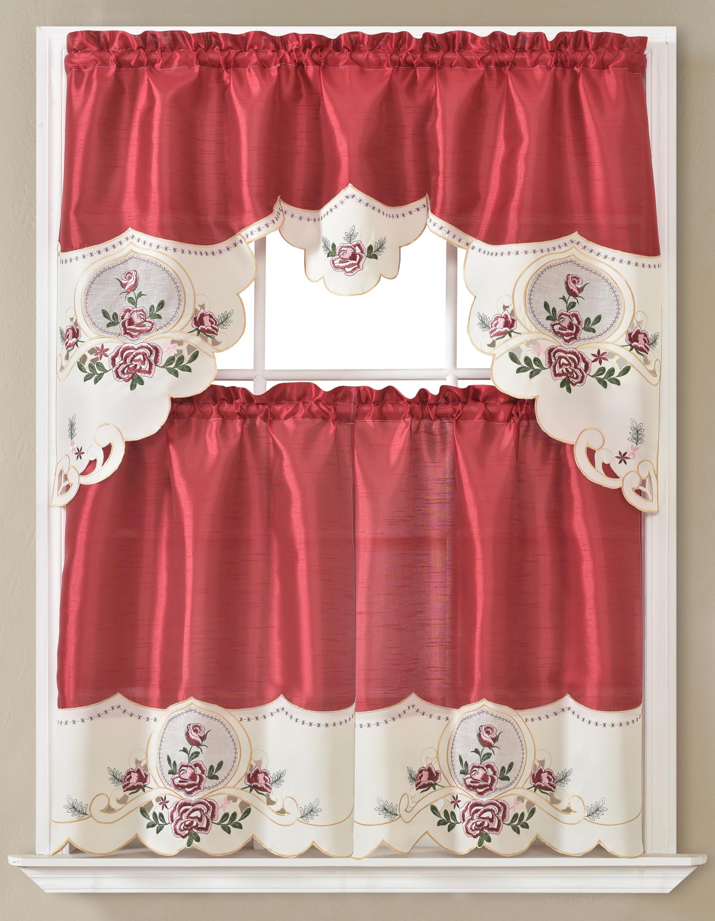 GLORY RUGS 3pc Kitchen Curtain Flower Burgundy Valance Set 1 Swag Valance and 2 Tiers 2 Tiers Width 29"x 34" Each and The Valance Length 58"x34"